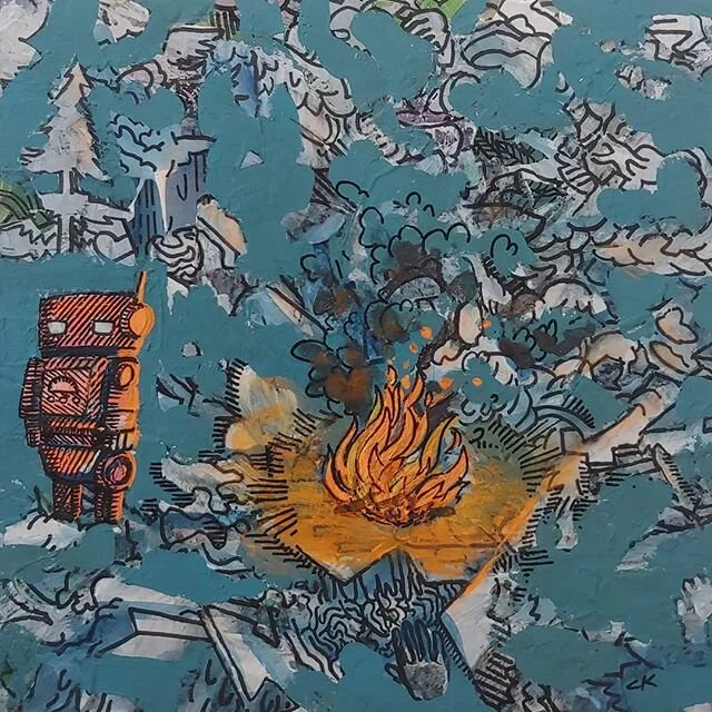 &quot;Waiting For A Friend&quot; 8x8&quot; gouache and ink on wood panel⁣
⁣
I just finished this little painting this afternoon...I really like how there was this mostly obliterated layer underneath...and how this robot may have been in a plane crash