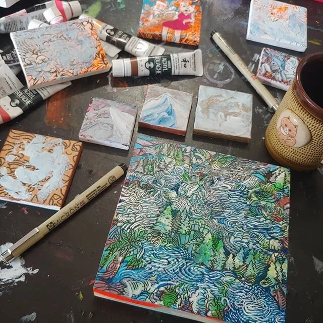 Works in progress...⁣
⁣
#wip #catmug #psychedelicillustration #dmt #pnw #pdxart #tinypainting #landscapepainting #turnercolourworks