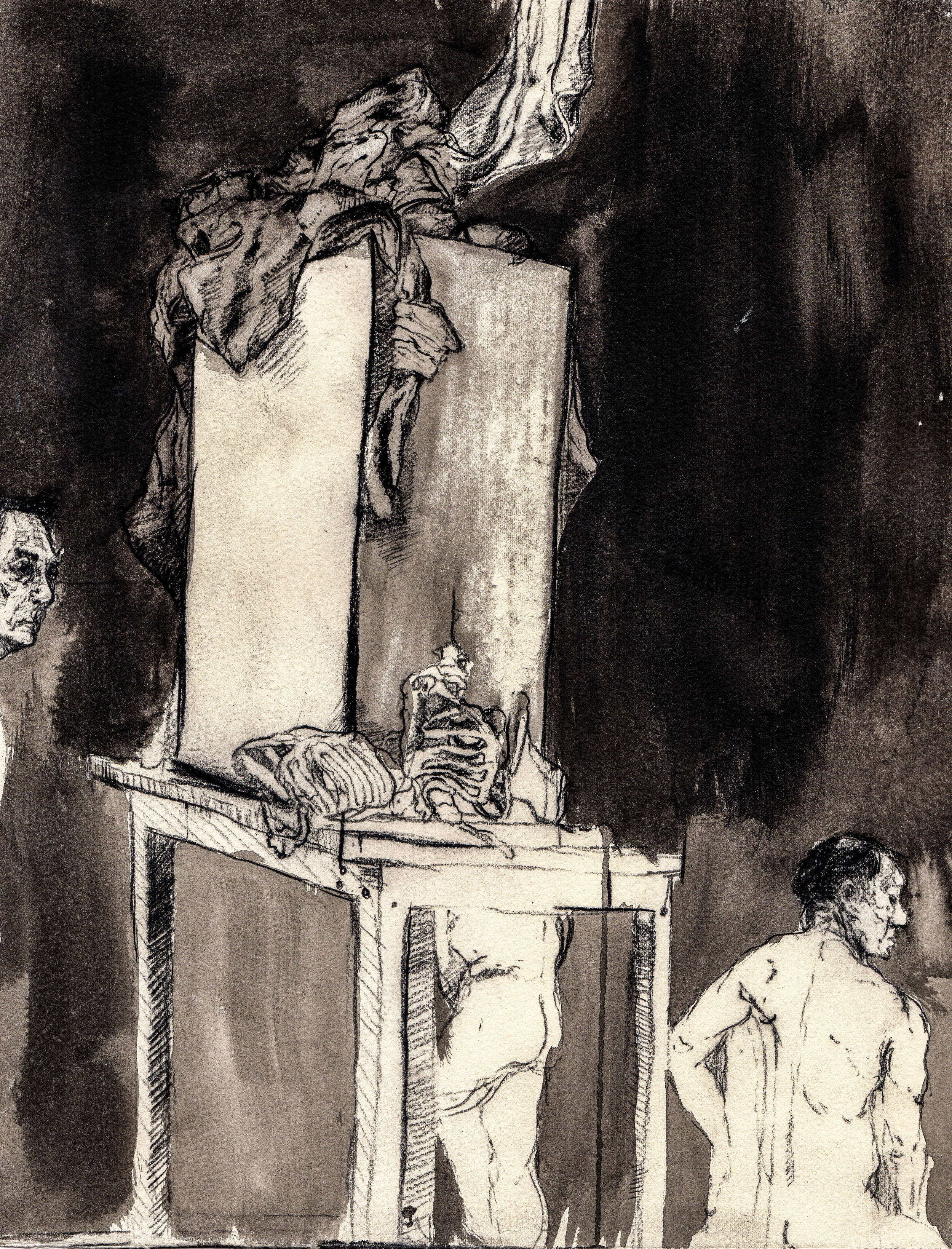    Guards 'round the slab.  &nbsp;2013. 11 x 13 inches. Ink wash on paper. 