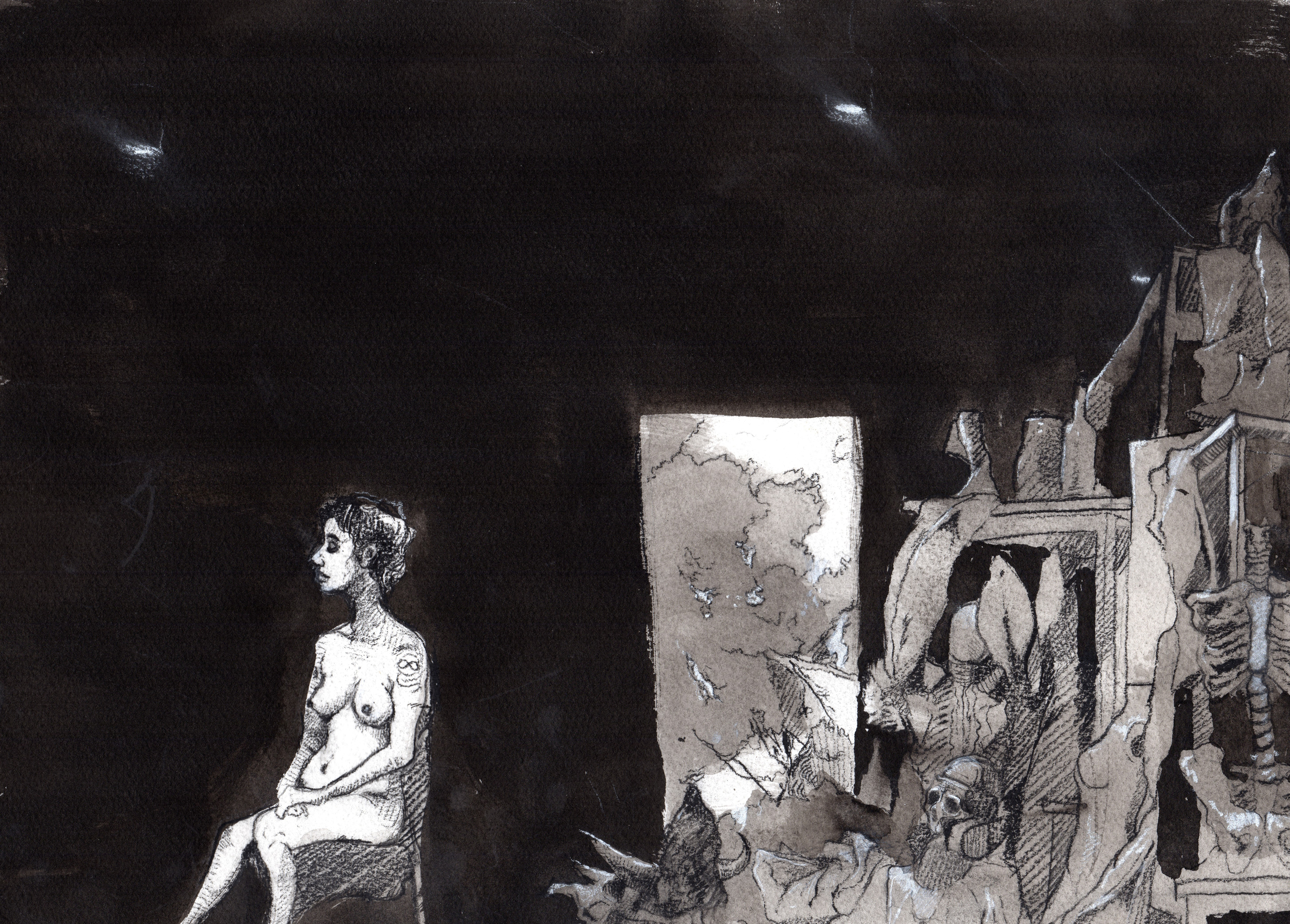    All the gods we loved  . 2013. 15 x 10 inches. Ink wash on paper. 