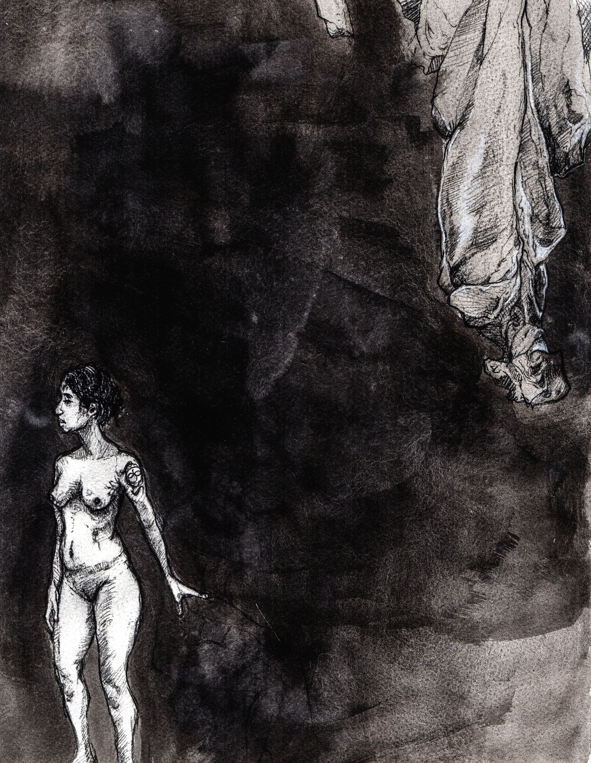 We held our lives by the whims that govern conversation . 2013. 12 x 14 inches. Ink wash on paper.