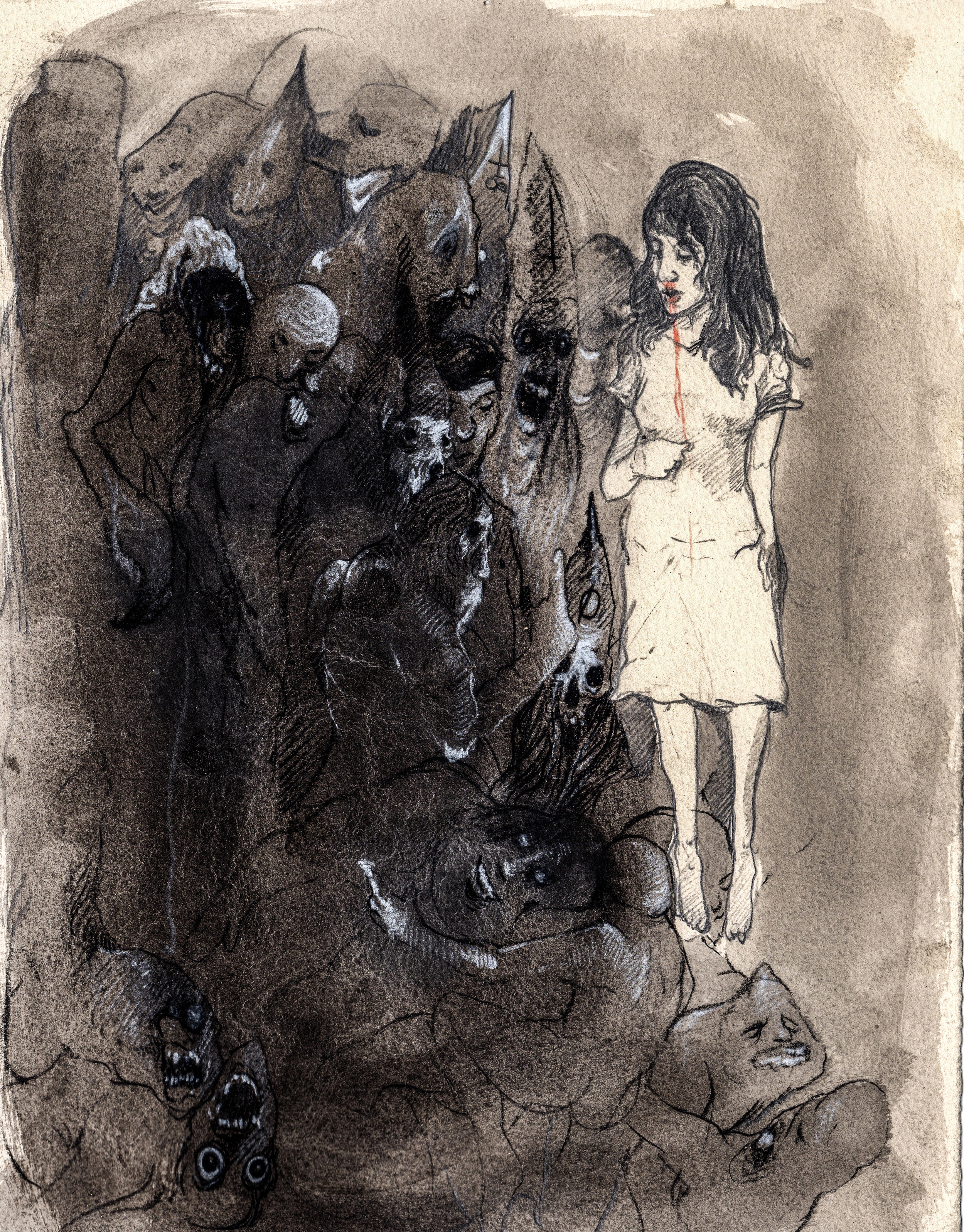    She came to me as blood and fluid.  &nbsp;2013. 10 x 12 inches. Ink wash on paper. 