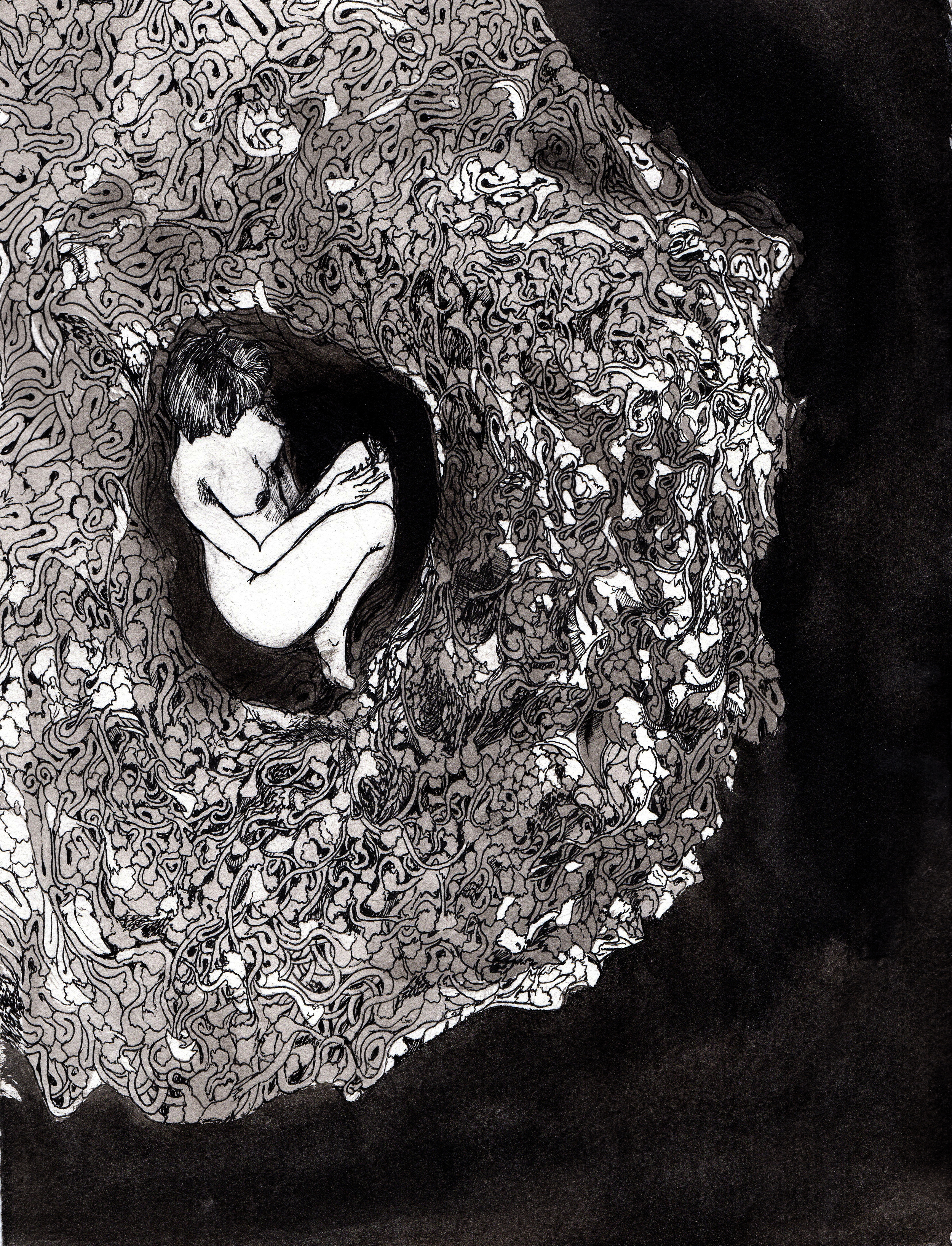    In her womb.  &nbsp;2013. 12 x 15 inches. Ink wash on paper. 