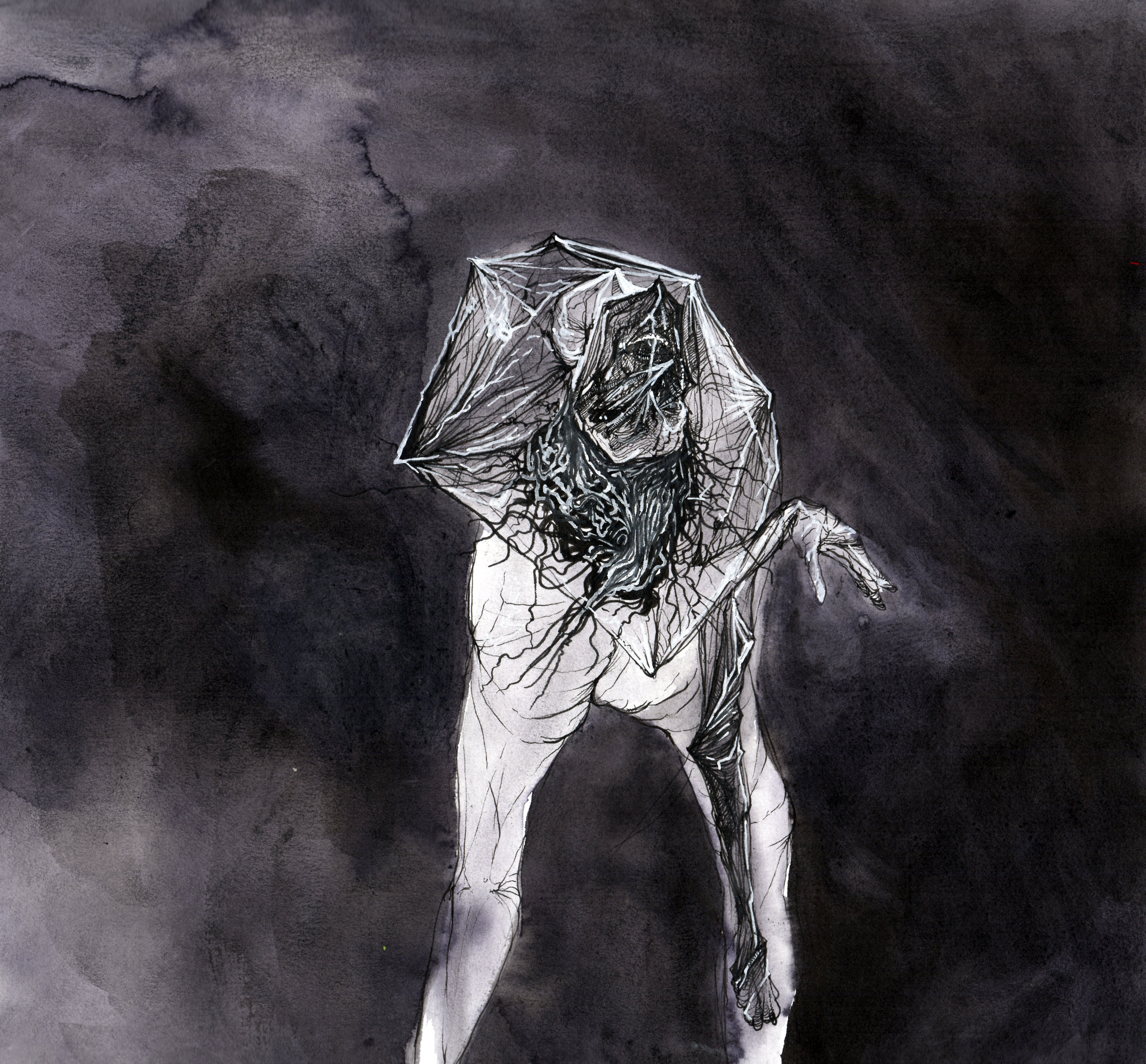    Face God and Walk Backwards Into Hell.   Ink wash and pen on paper. 