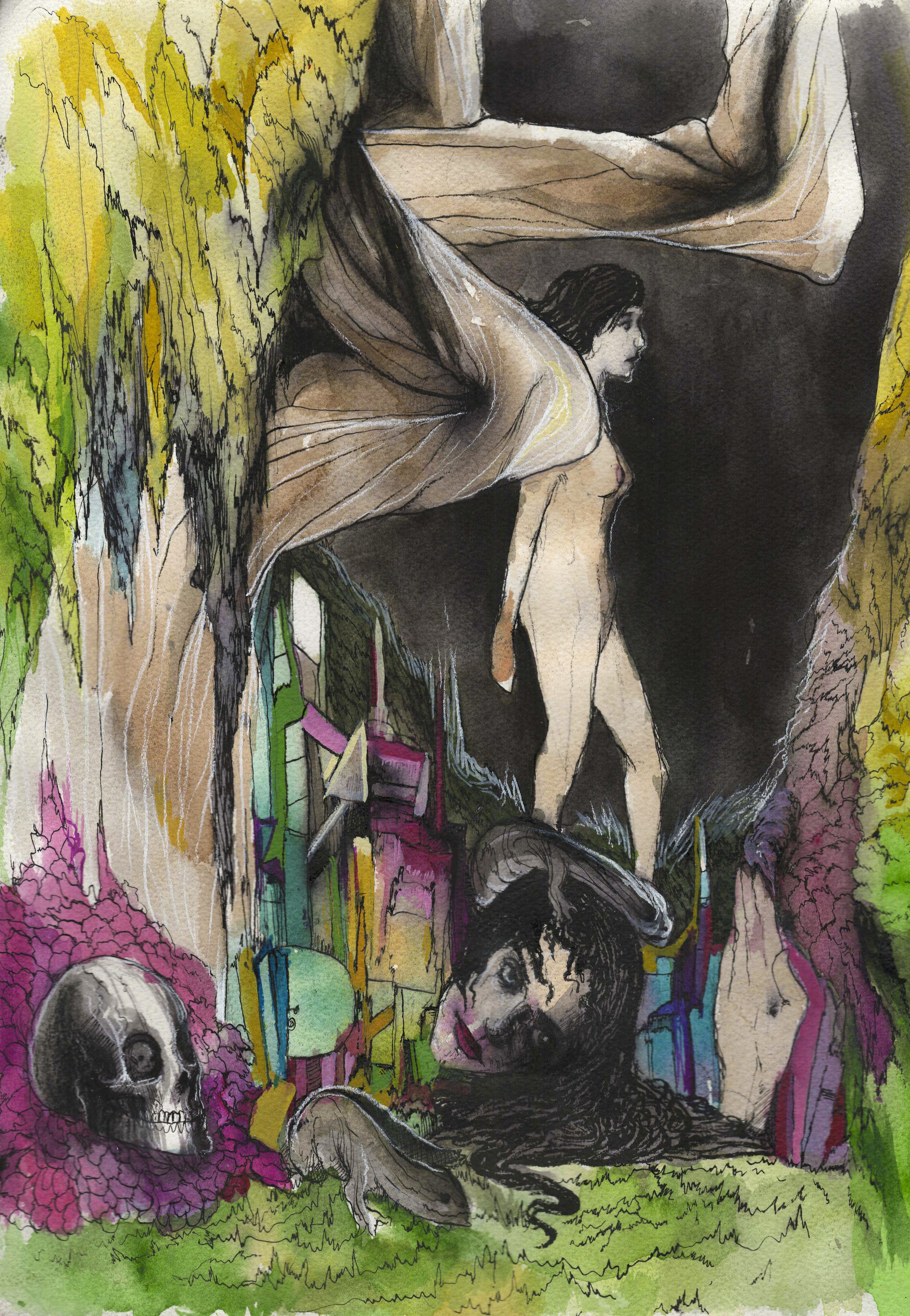   Don’t you know how life goes on?,  2025. Watercolor and ink on paper. 