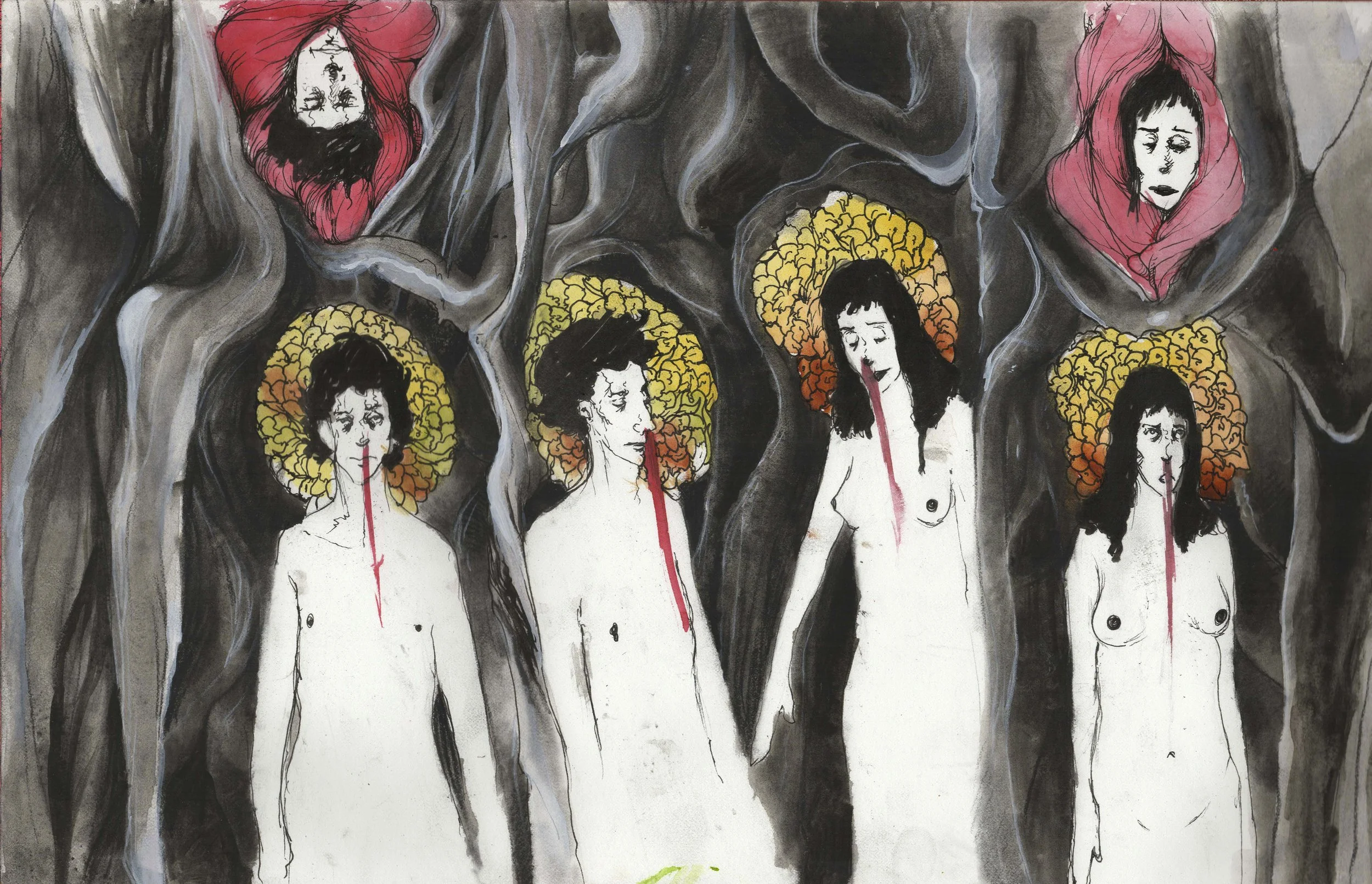   Red Velvet Wounds.  2026. Watercolor and ink on paper 