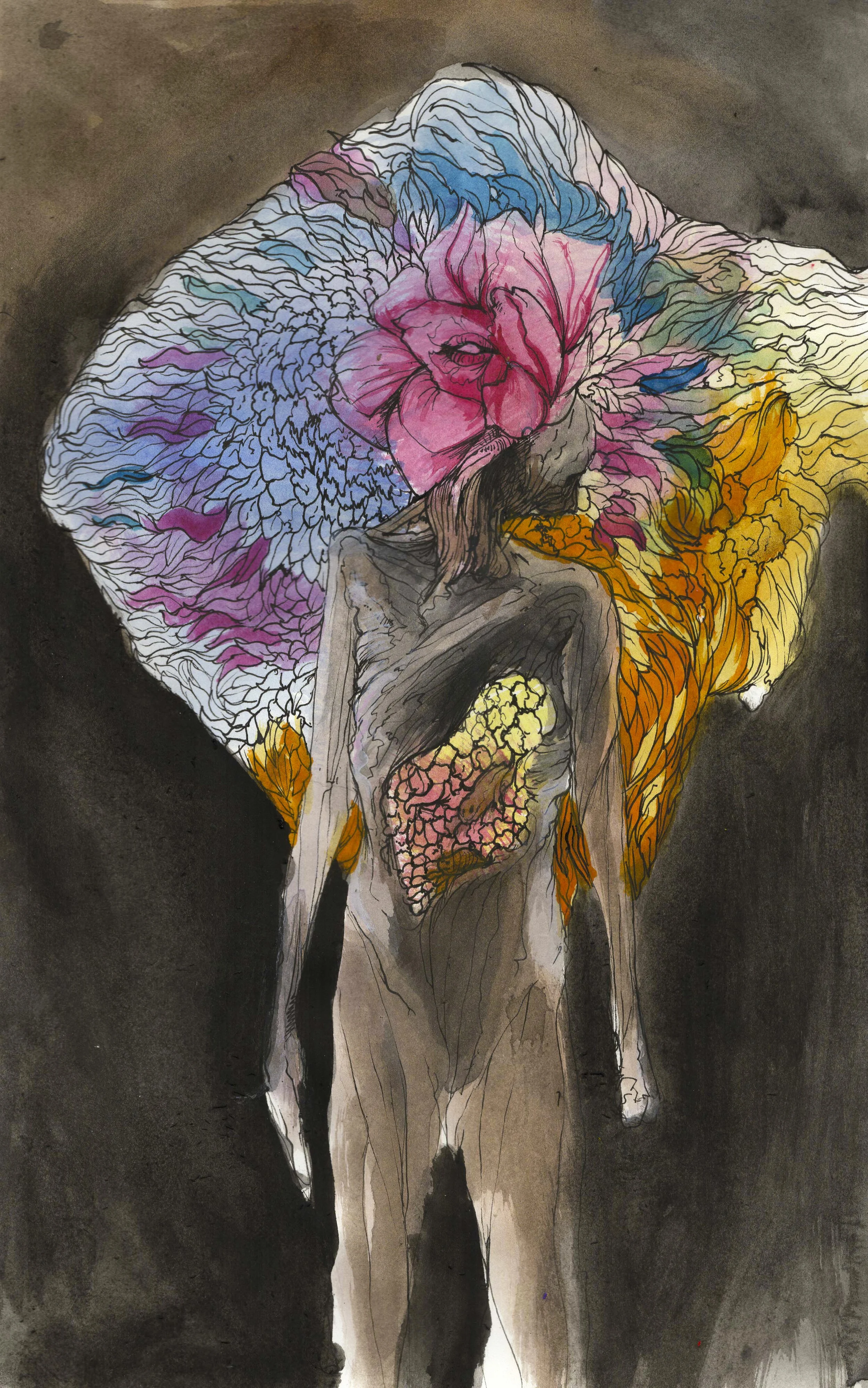   False Face.  2026. Watercolor and ink on paper. 