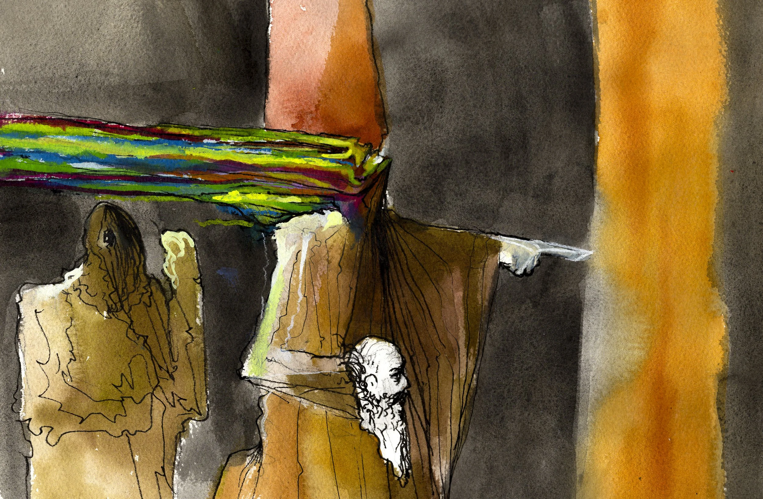   He Is Searching, He Is Lead.  2026. Watercolor and ink on paper 