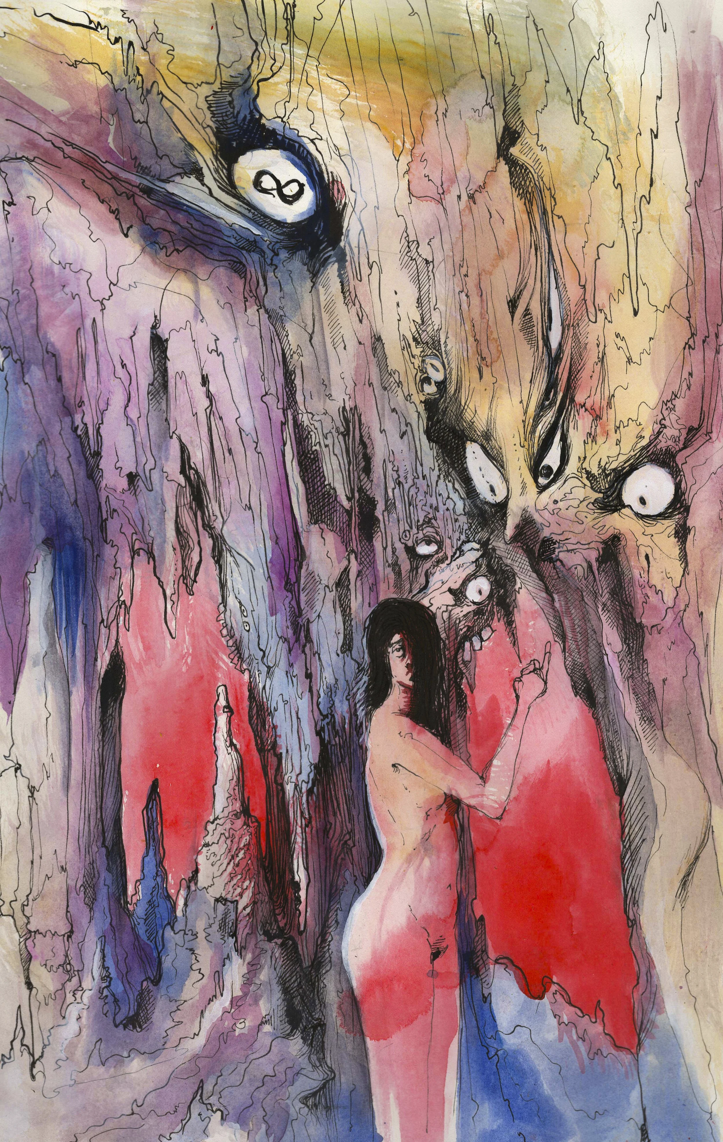   Lost In The Mancave.  2026. Watercolor and ink on paper. 