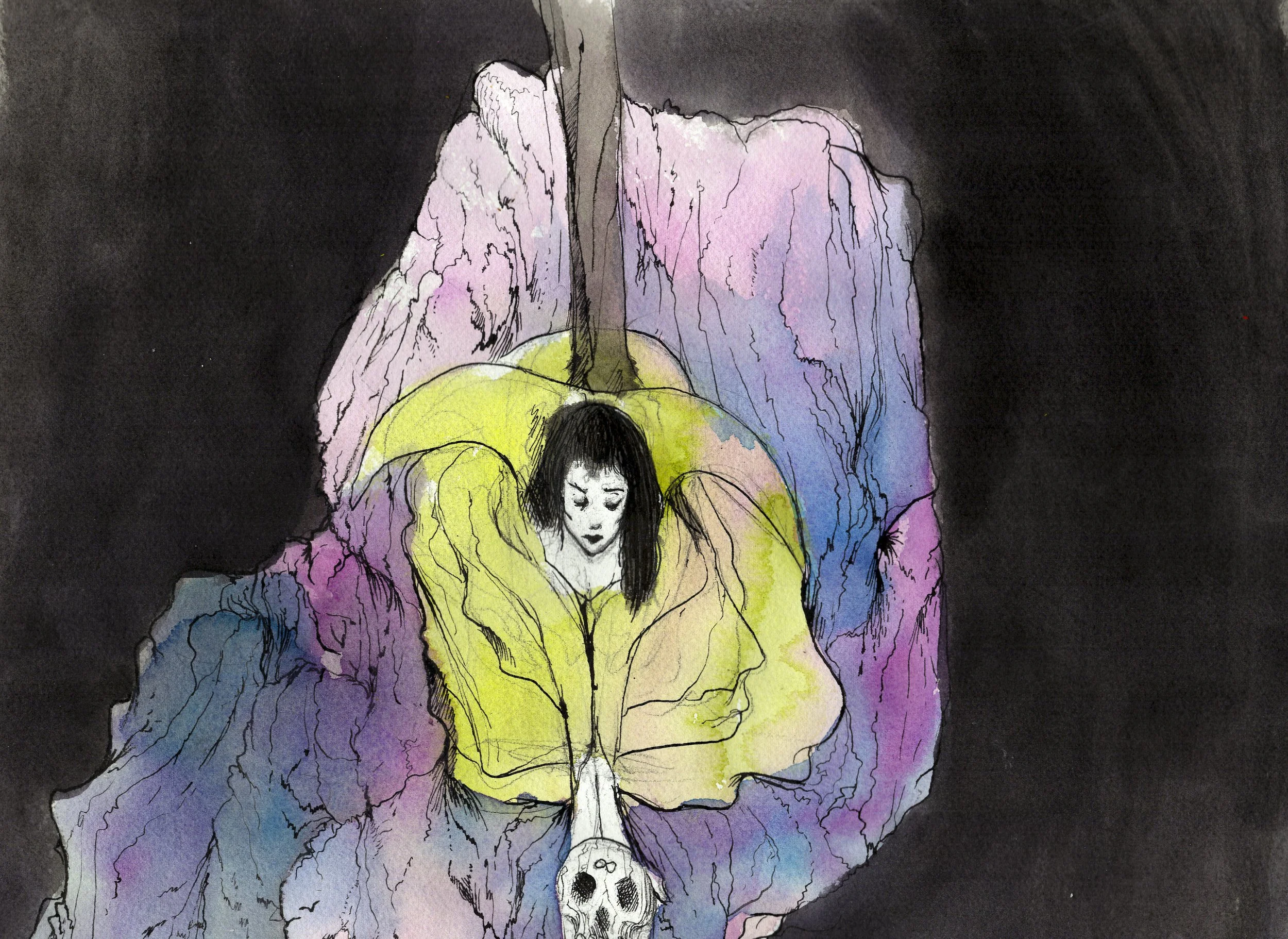   Let The Blackness Roll On . 2026. Watercolor and ink on paper. 