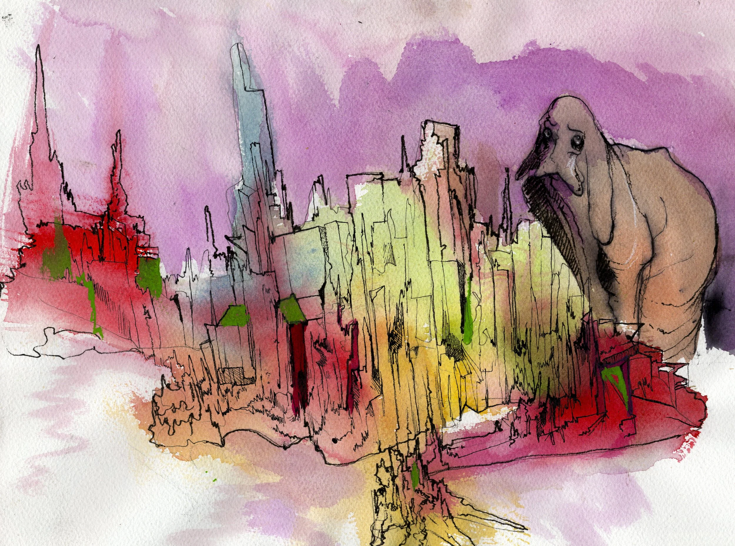   "Well, you barely put up a fight".  2026. Watercolor and ink on paper. 