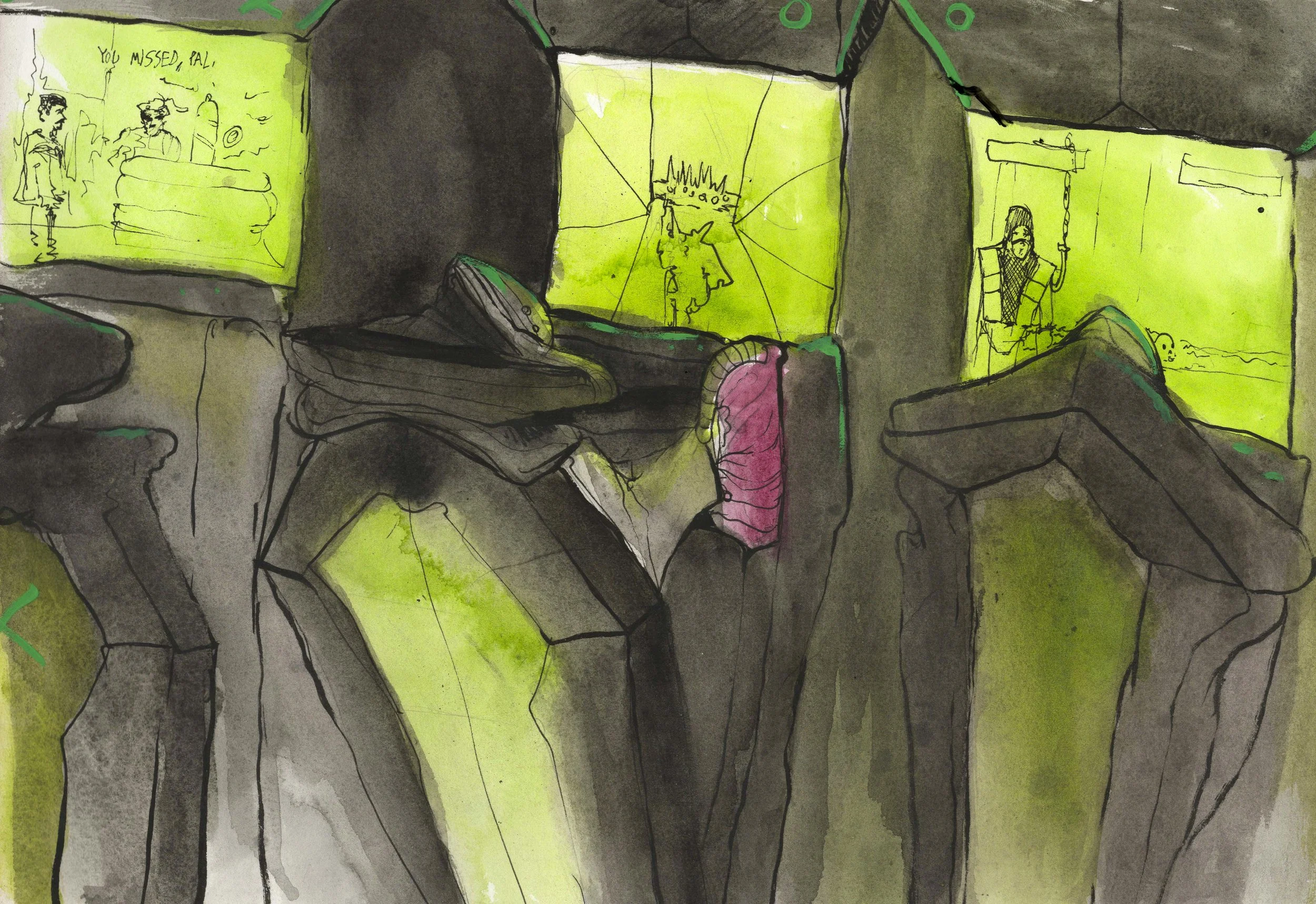   Attract Mode.  2026. Watercolor and ink on paper. 
