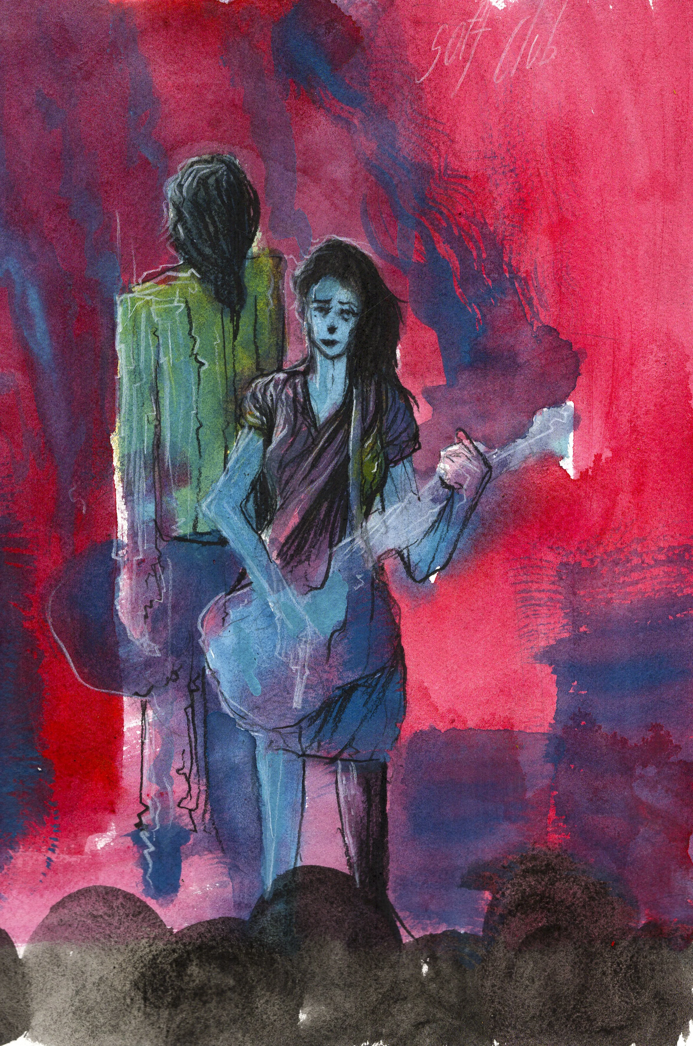   Dream Pop Night At The Soft Club . 2026. Watercolor and charcoal on paper, 