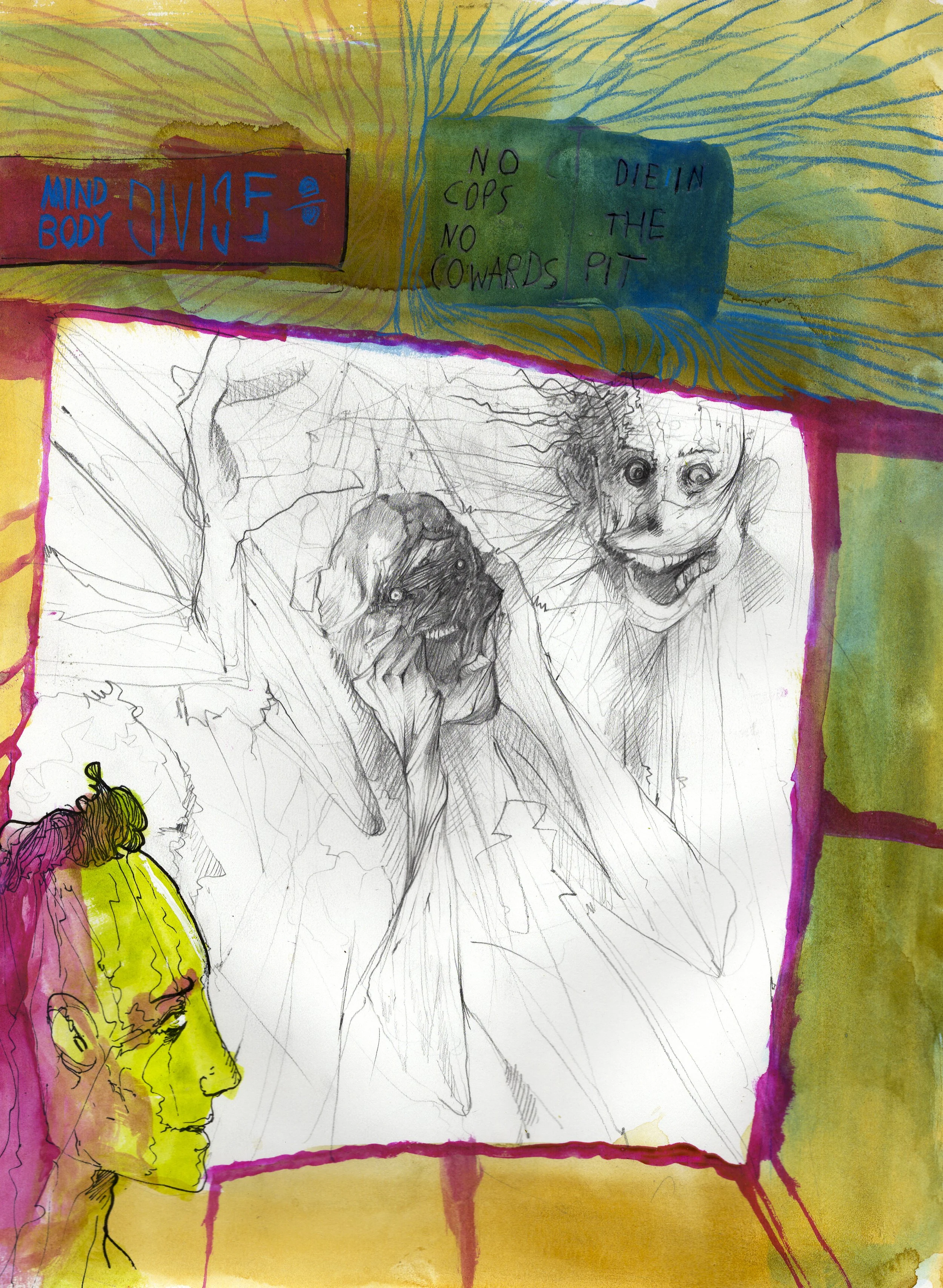   Gonna Die In The Pit.  2026. Watercolor and pencil on paper. 