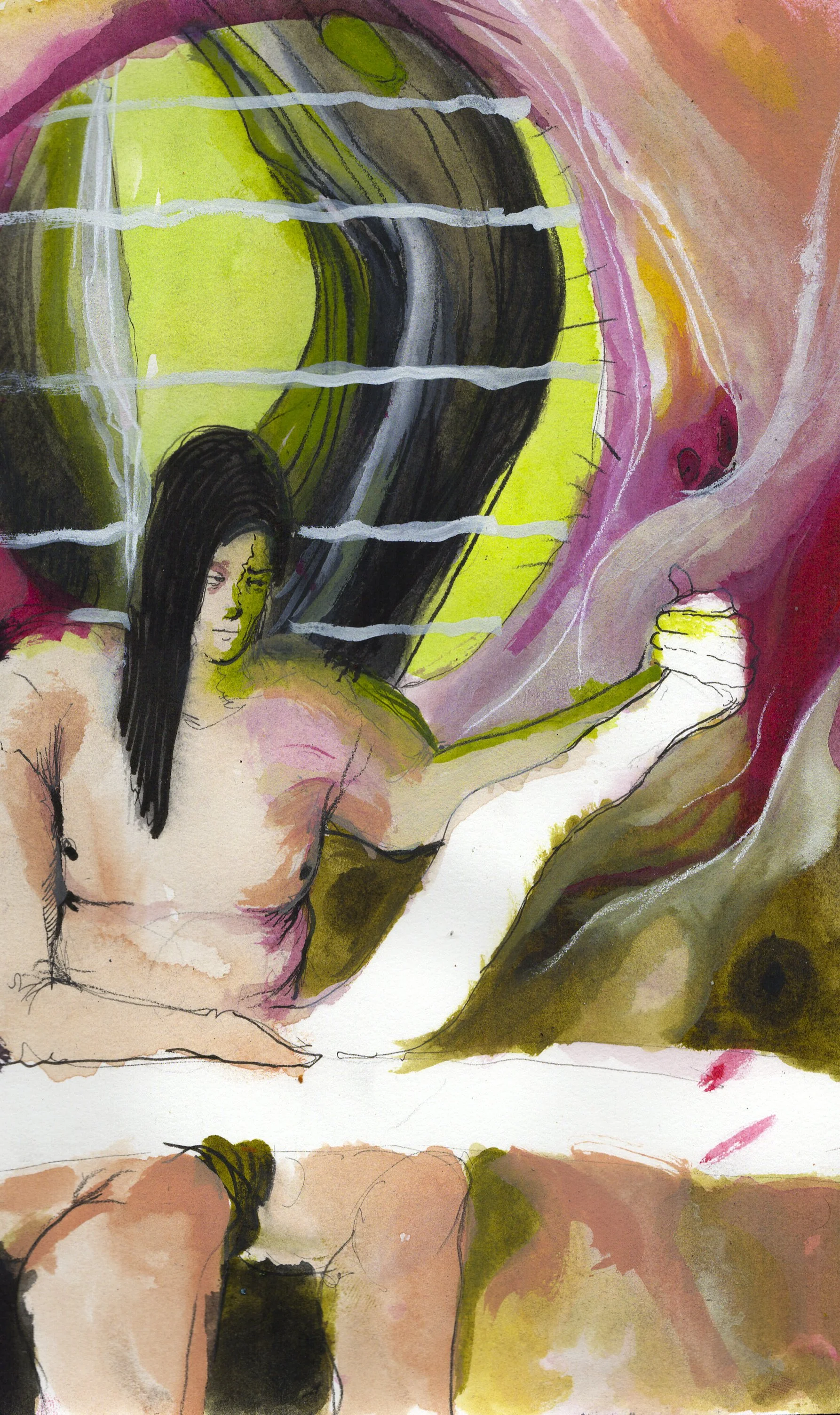   Educating Myself . 2026. Watercolor and ink on paper. 