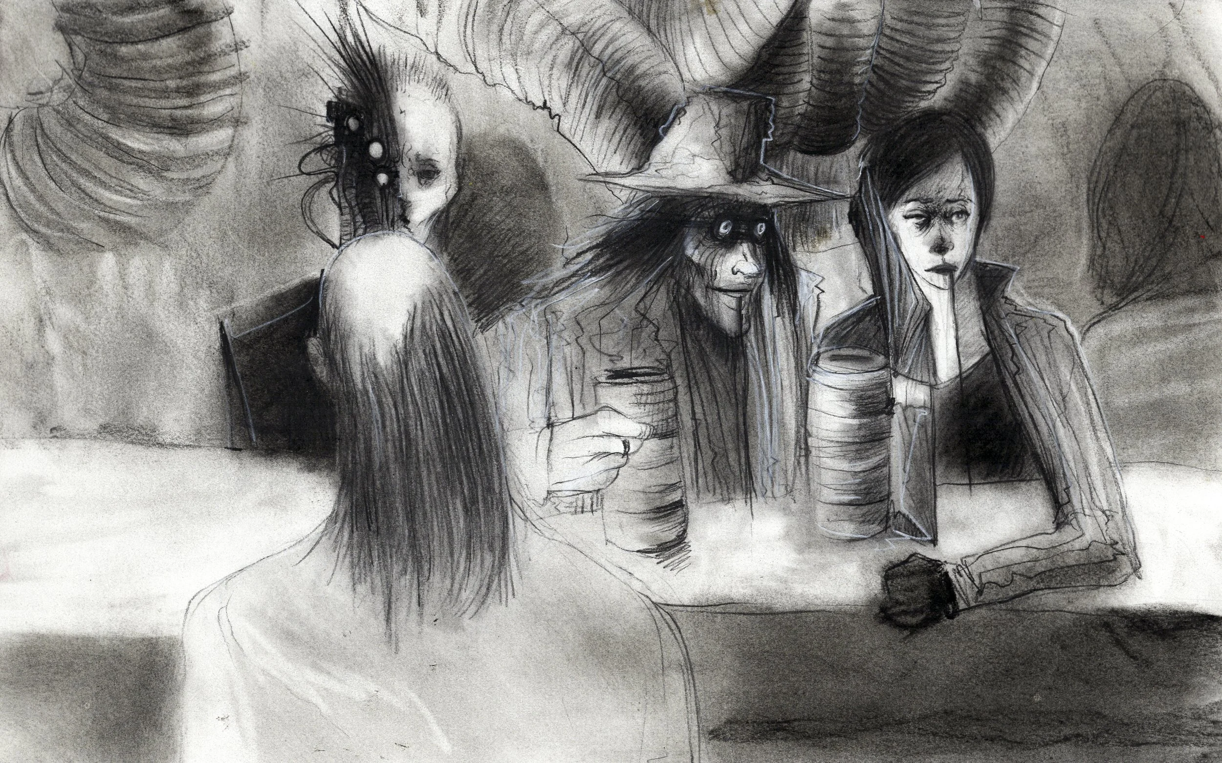   Awful Conversation At The Body Shop.  2026. Charcoal on paper. 