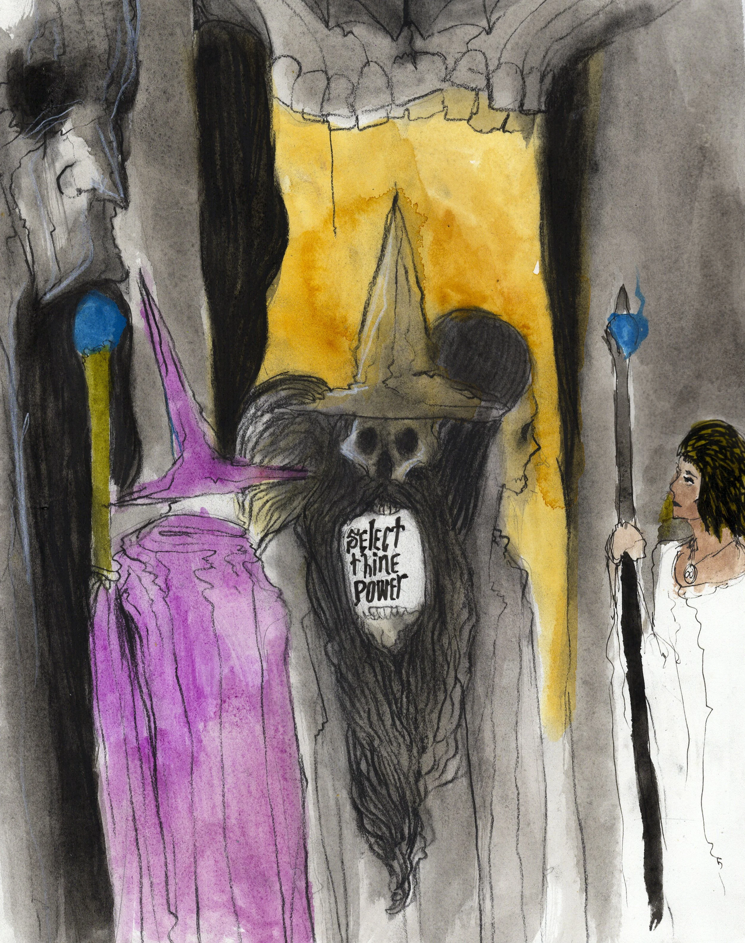   Leveling Up In The Chamber of Misery.  2026. Watercolor, charcoal and ink on paper.  