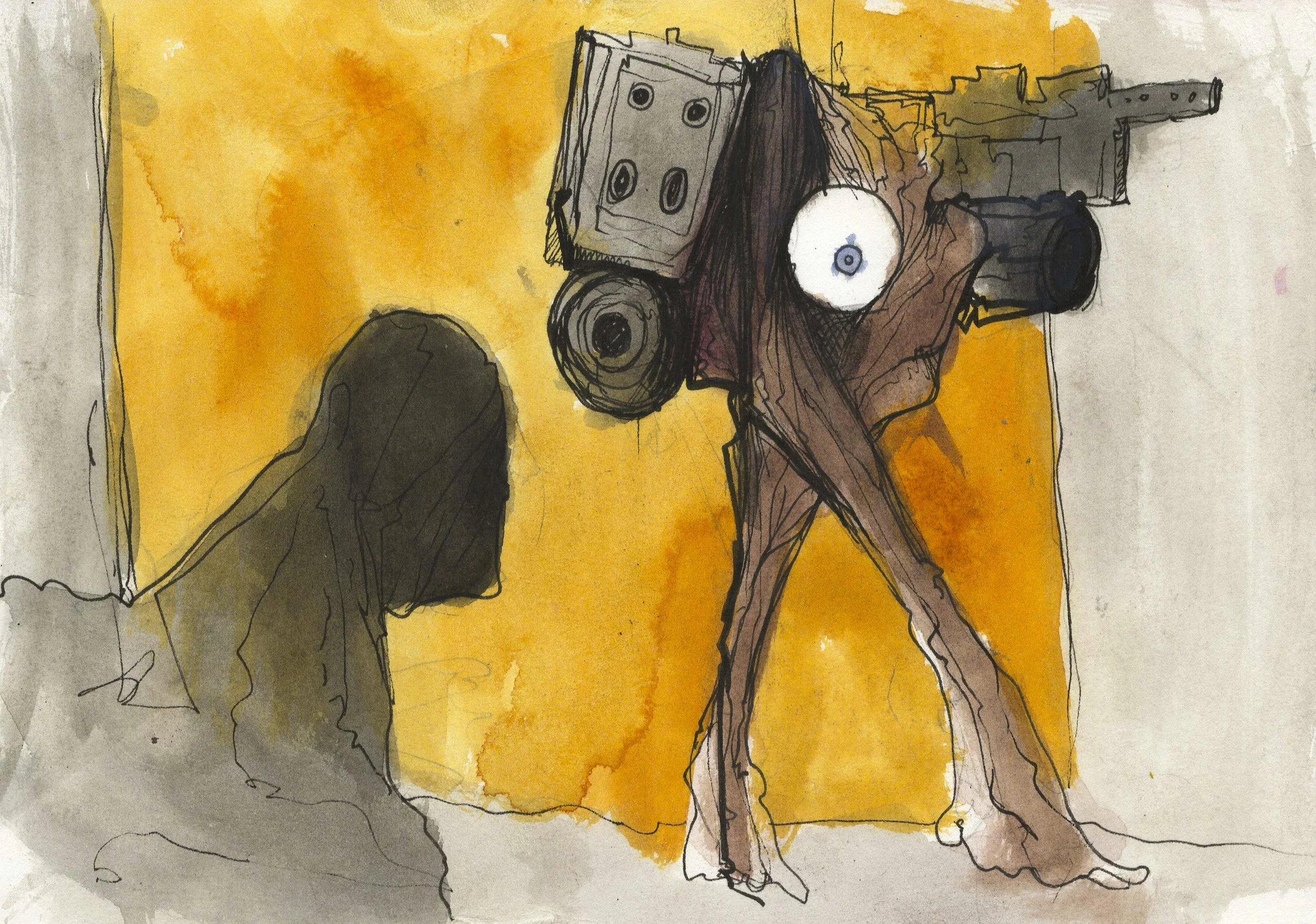   Bombing Run . 2026. Watercolor and ink on paper.  
