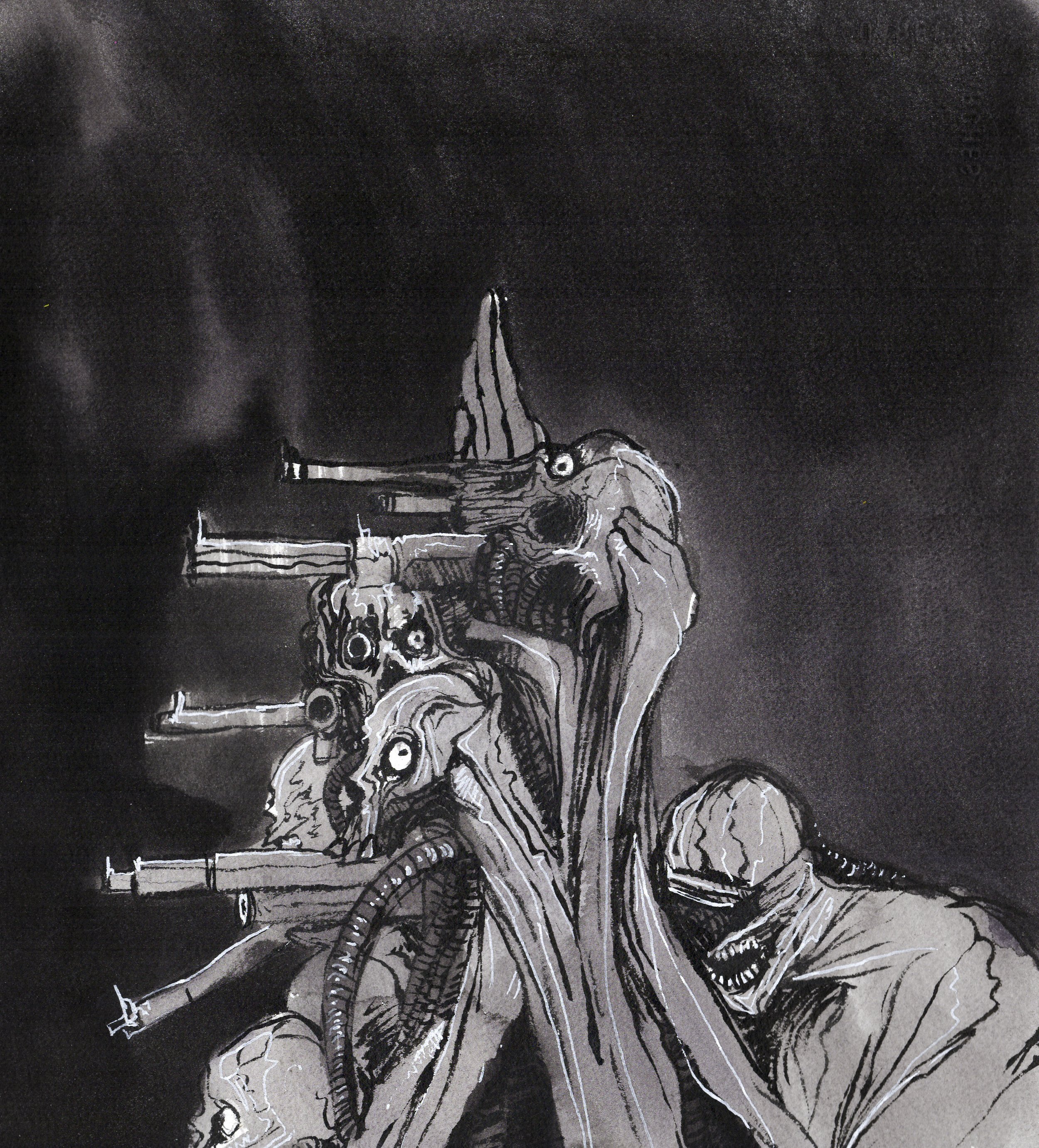  “Their Sacred Archers”. 2026. Ink wash and pen on paper. 