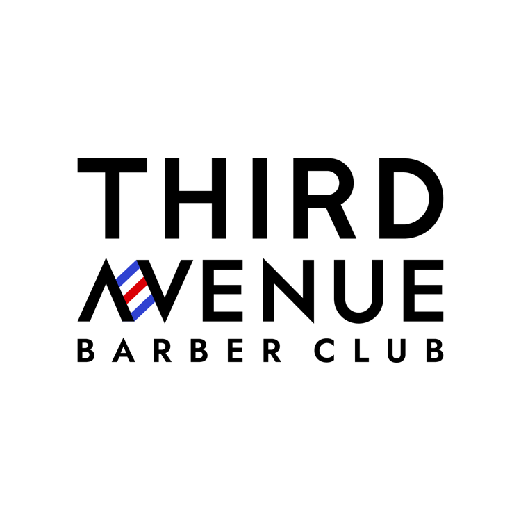 Logo for Third Avenue Barber Club featuring bold black text and a stylized "A" with red, white, and blue stripes.