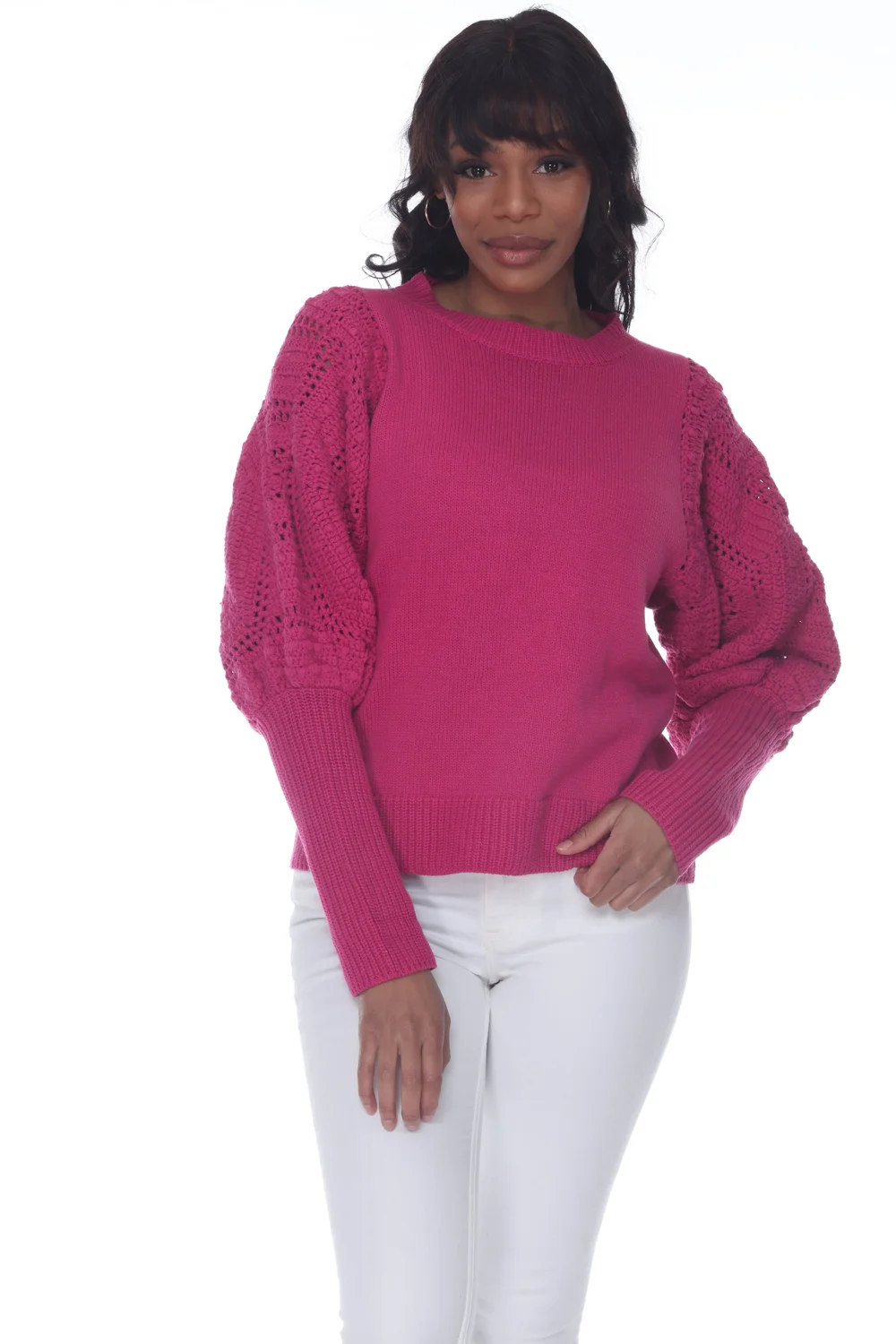 Rain and Rose Women's Contemporary Fashion - Ren Crochet Sleeve Sweater —  Rain + Rose On Trend Novelty Sweaters and Tops
