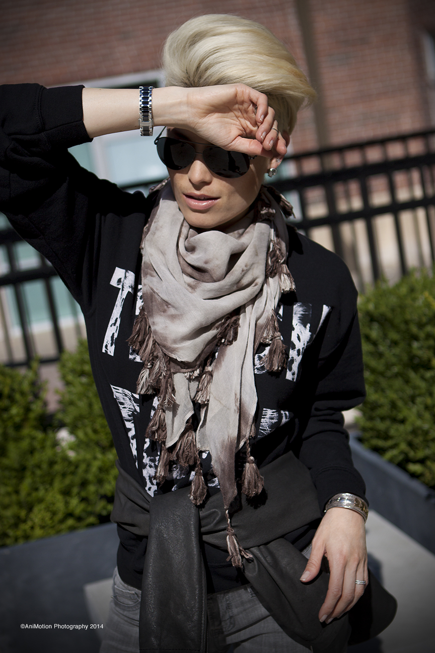 Jacket from Diesel/ Sweater from River Island/ Jeans from Genetic Denim/ Shoes and earrings from C Wonder Store / Bangle and scarf from vintage shopping/ Watch from Tag Heuer.