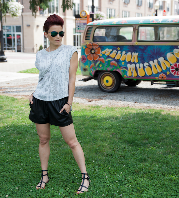 Images by Bello' Romance Photography and painted van by Semperfly Studios T'shirt by Townsen from Saks 5th Ave Indy / leather shorts and sandals from BCBG Maxazria / clutch from Rebecca Minkoff / Bracelet and necklace from Suetables