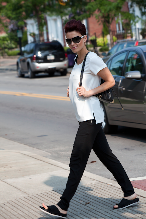 Images by Bello' Romance Photography T-Shirt by Rag & Bone from Saks 5th Ave / Jumpsuit from ASOS Collection / Backpack from Vince Camuto / Slides from Sam Edelman / Earrings by Free Press