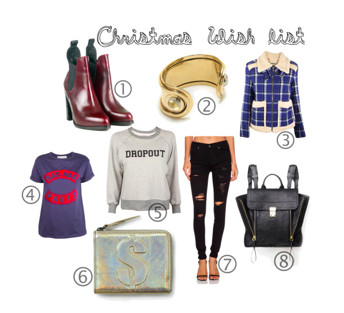 1. Rag and Bone Stanton Chelsea Boot, 2. Pamela Love Oracle Cuff, 3. Marc by Marc Jacobs Paddington Wool Jacket, 4. Etre Cecile Navy & Red Bad Ass Paris Flock Oversized Tee, 5. Mother the Square Dropout Sweat Shirt, 6. Phillip Lim Dollar Mini Zip Around Wallet, 7. True Religion High Rise Halle Skin NY, 8. Phillip Lim Black Pashil Backpack 