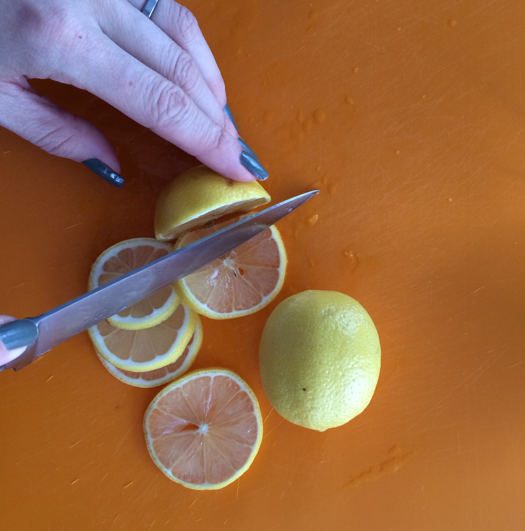 Wash lemons and slice thinly, removing the seeds as you go.