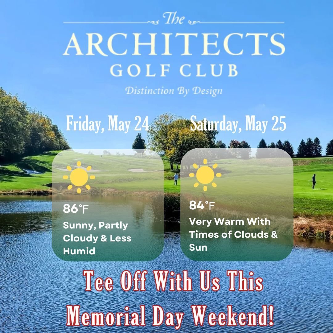 ☀️🏌️&zwj;♂️ The weather is looking absolutely beautiful this weekend at The Architects Golf Club! Join us for sunny skies, 80s temps, and perfect conditions for a round of golf. Don&rsquo;t miss out on the ultimate weekend on the green! Book your te