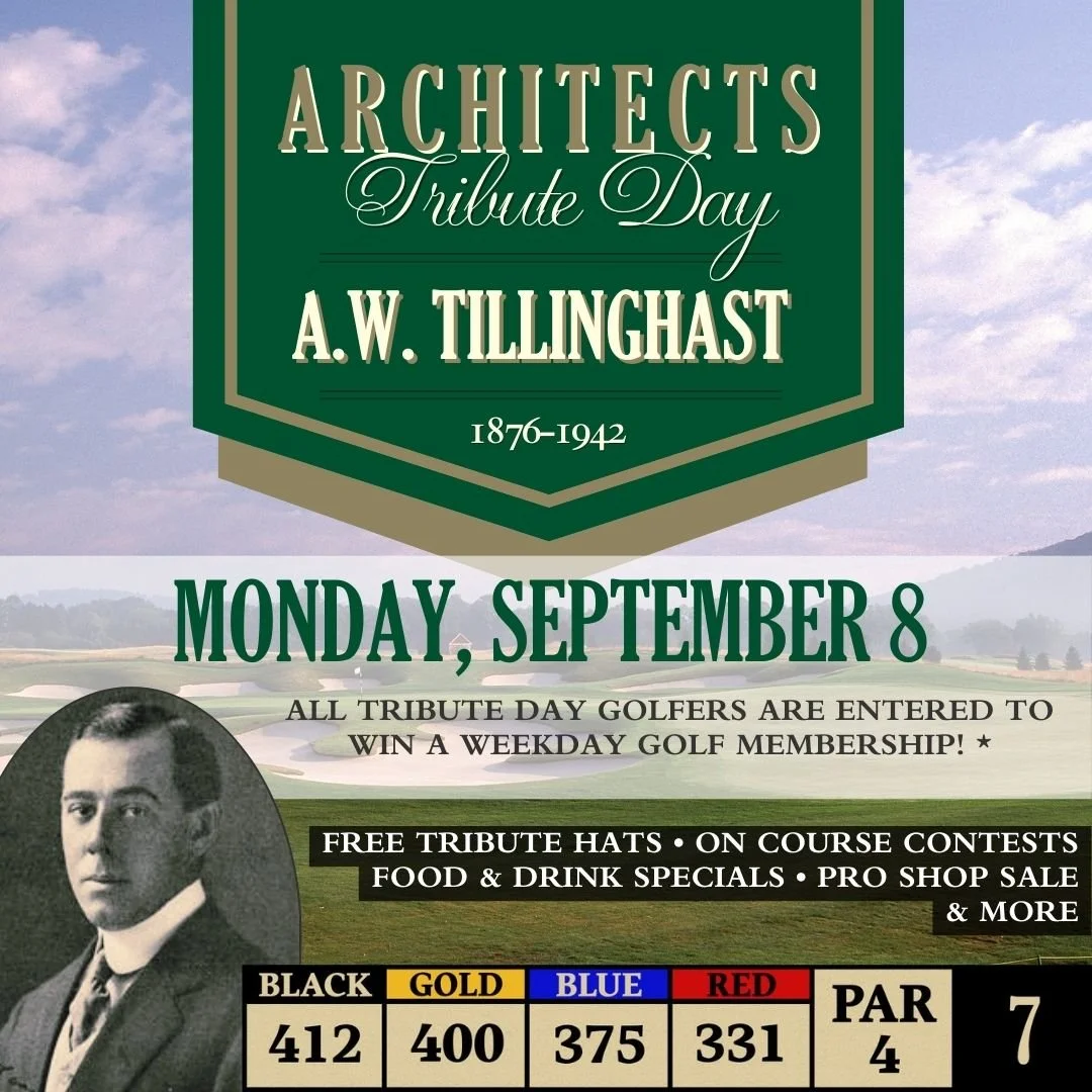 ⛳ Join us on Monday, September 8th, for A.W. Tillinghast Tribute Day! 🏌️&zwj;♂️Celebrate the legendary architect behind Hole #7, inspired by his iconic designs like Winged Foot and Bethpage.

Enjoy:
🎟️ A chance to win a Weekday Golf Membership!
🧢 