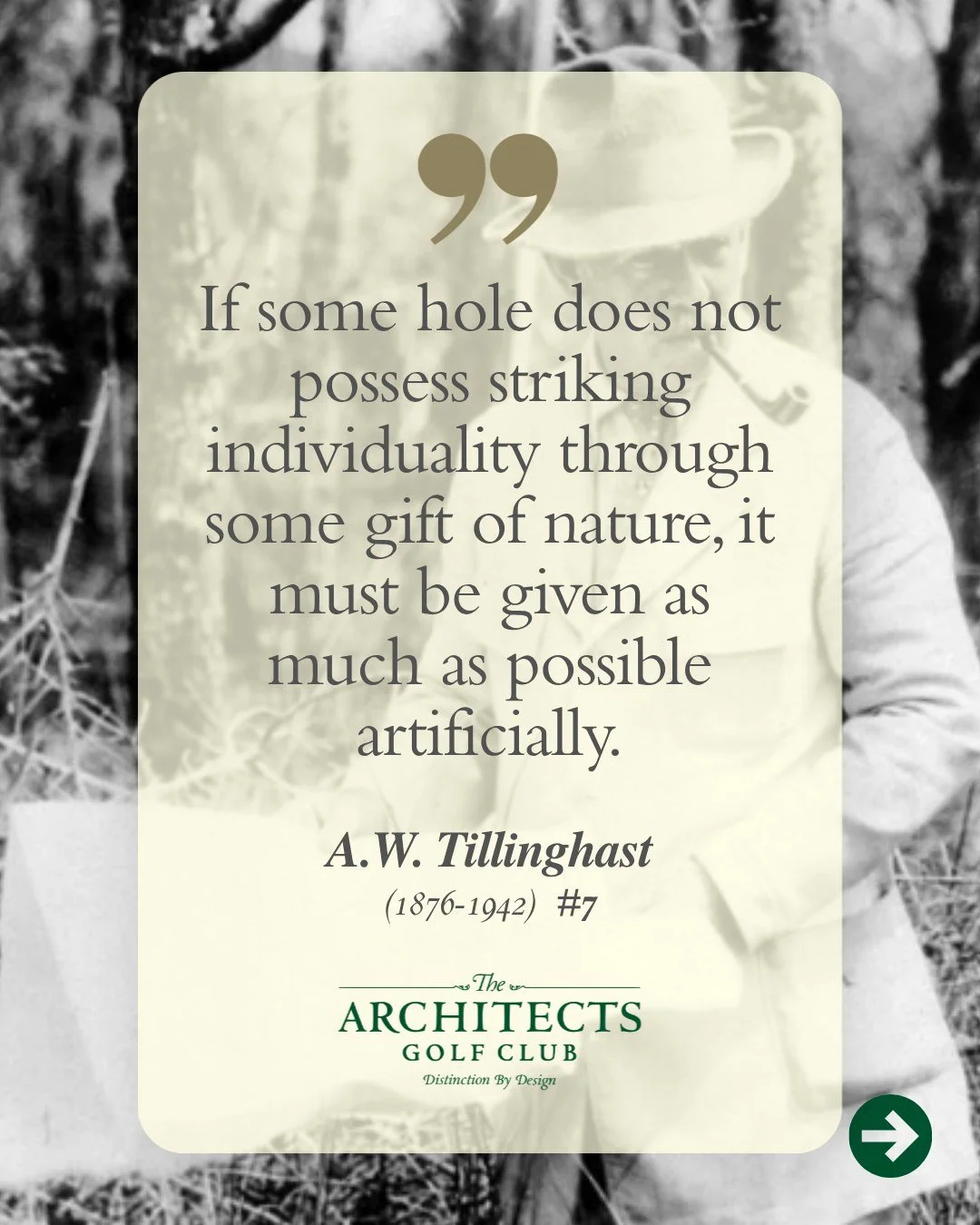 Tillinghast reminds us: greatness isn't always found&mdash;sometimes it's masterfully crafted. Our 7th hole is pure Tillinghast genius&mdash;crafted drama that still inspires.

📲  Book a tee time: architects.golf/teetimes 
👉 Learn more: architects.