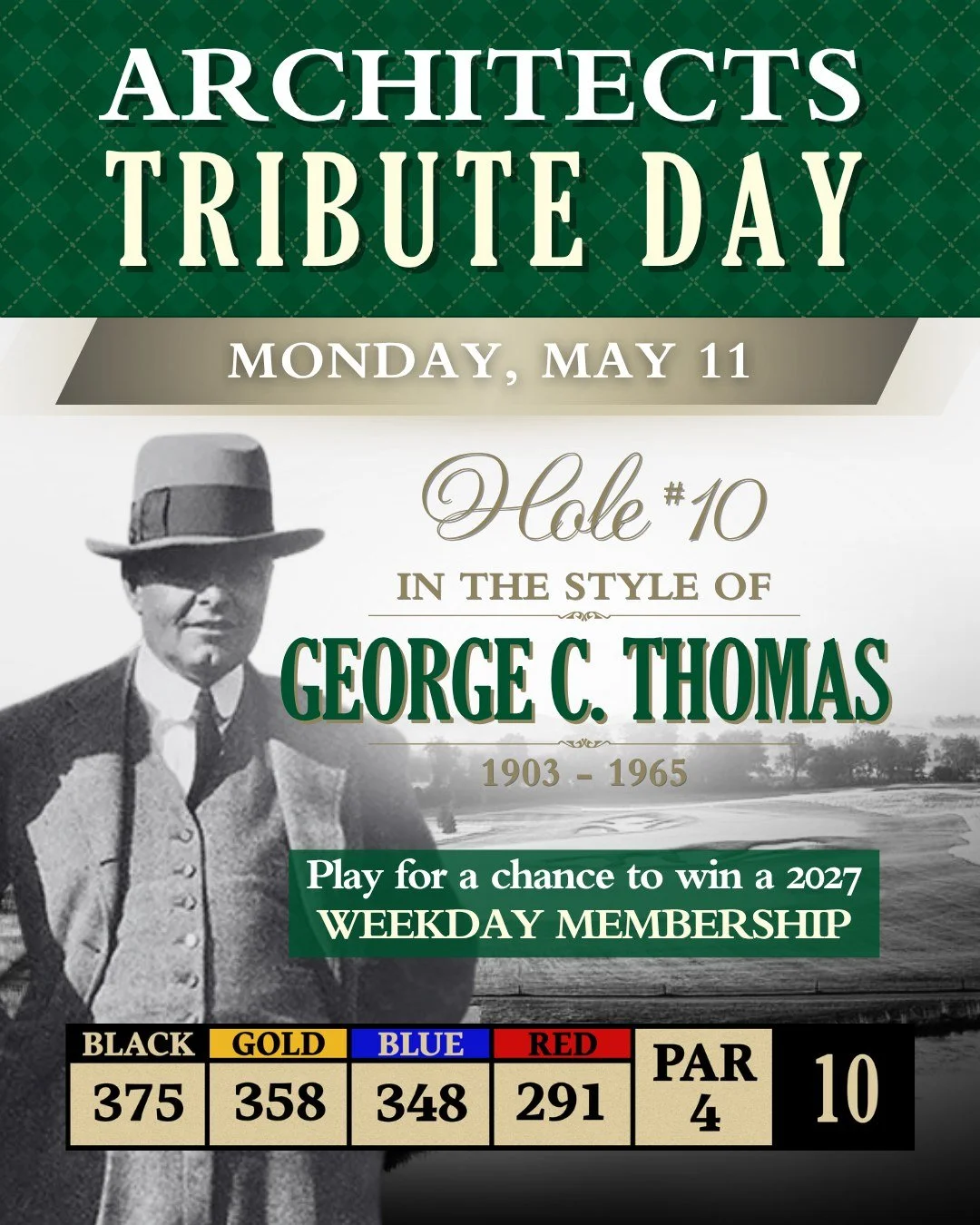 Architects Tribute Day: George C. Thomas Edition ⛳️
Monday, May 11 &mdash; Step onto Hole #10 and play it exactly as the great George C. Thomas would have designed it.

A man who never took a design fee, Thomas created Riviera, LACC North, and Bel-Ai
