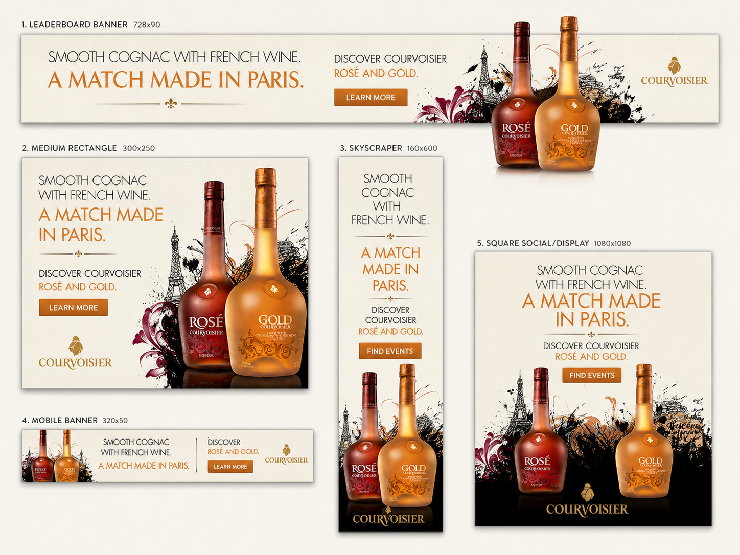  Digital banner campaign adapted from the Courvoisier print ad, extending the “A Match Made in Paris” concept across display, mobile and social formats with refined visuals, concise messaging and clear calls to action. 