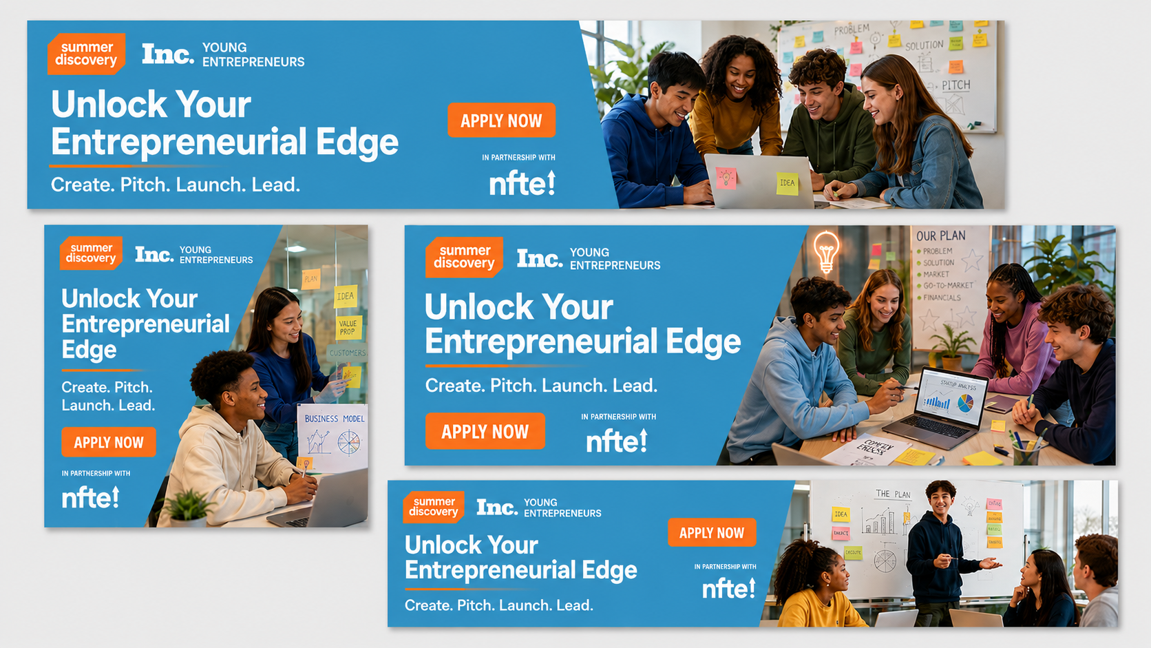  Bold, action-driven copy gives these banners their entrepreneurial edge. “Unlock Your Entrepreneurial Edge” speaks directly to ambition, while “Create. Pitch. Launch. Lead.” turns the program experience into a clear, memorable progression. Paired wi