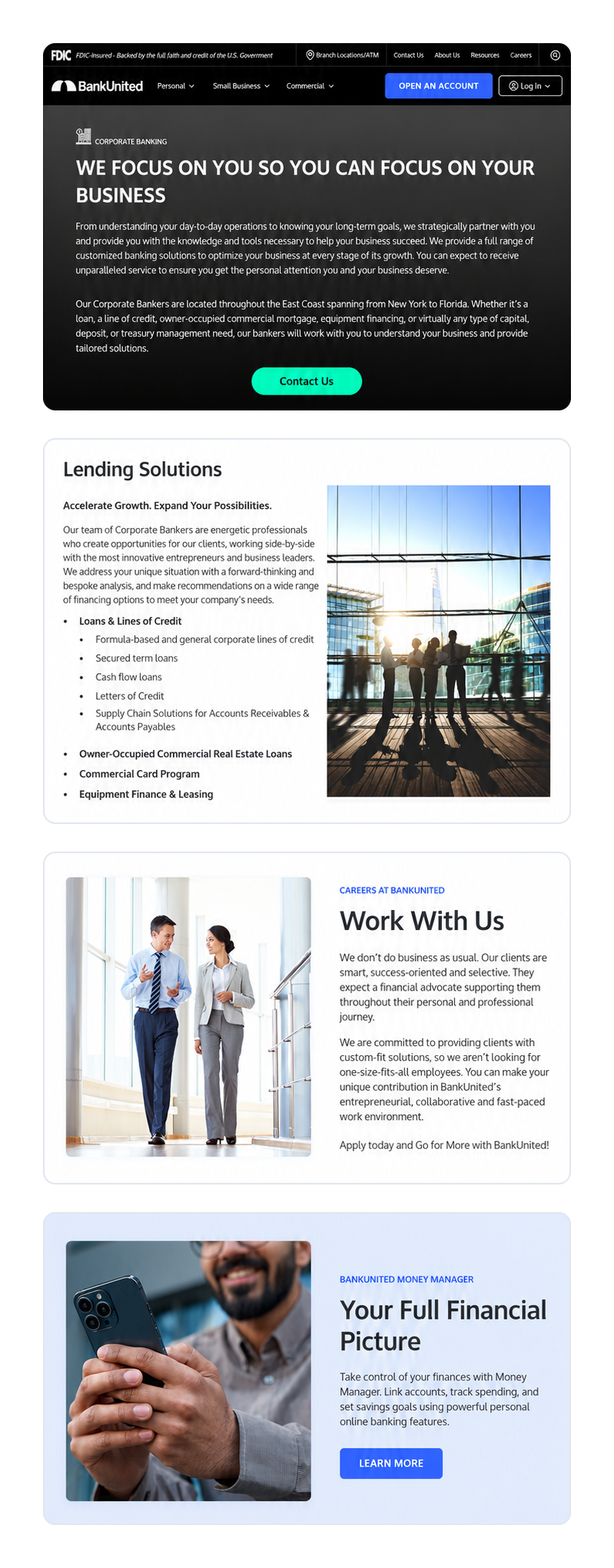  Selected website copy from across BankUnited.com, spanning corporate banking, lending, careers and digital banking—tailored to different audiences with a clear, benefit-driven voice. 
