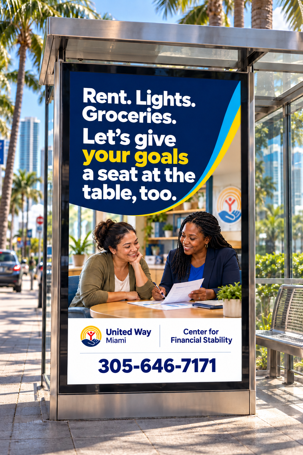  A seat at the table—and a place for your goals. This United Way Miami portfolio concept pairs conversational copy with a welcoming image to make financial guidance feel personal, approachable and part of everyday life. 