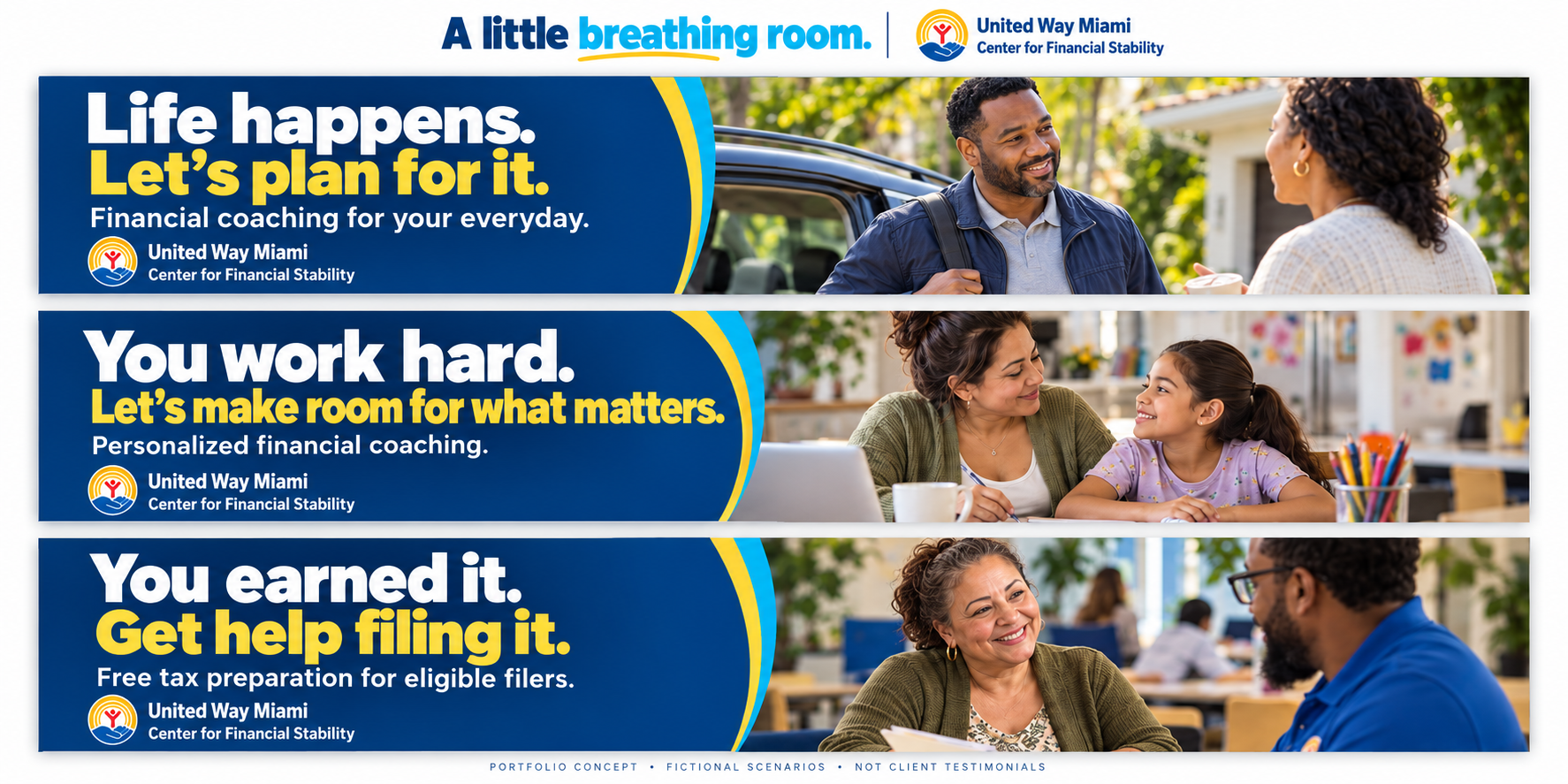  Everyday money challenges meet a little breathing room. These United Way Miami banners pair relatable headlines with warm imagery to make financial coaching and tax preparation feel approachable, personal and worth exploring. 