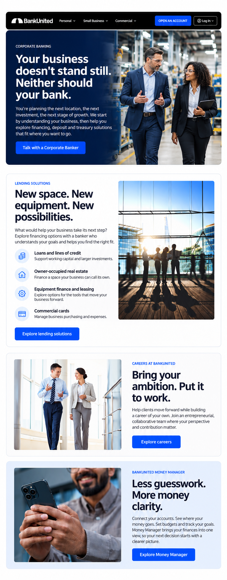  Selected website copy from across BankUnited.com, spanning corporate banking, lending, careers and digital banking—tailored to different audiences with a clear, benefit-driven voice. 