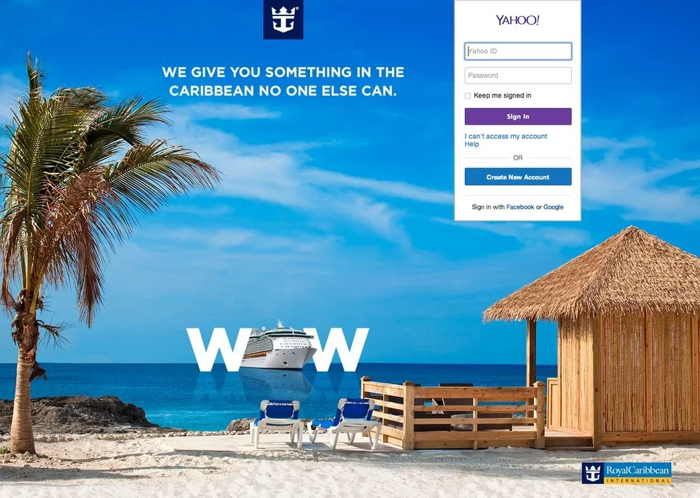  A Yahoo sign-in page becomes a private beach getaway. The ship doubles as the “O” in WOW, and the headline promises something in the Caribbean no one else can. 