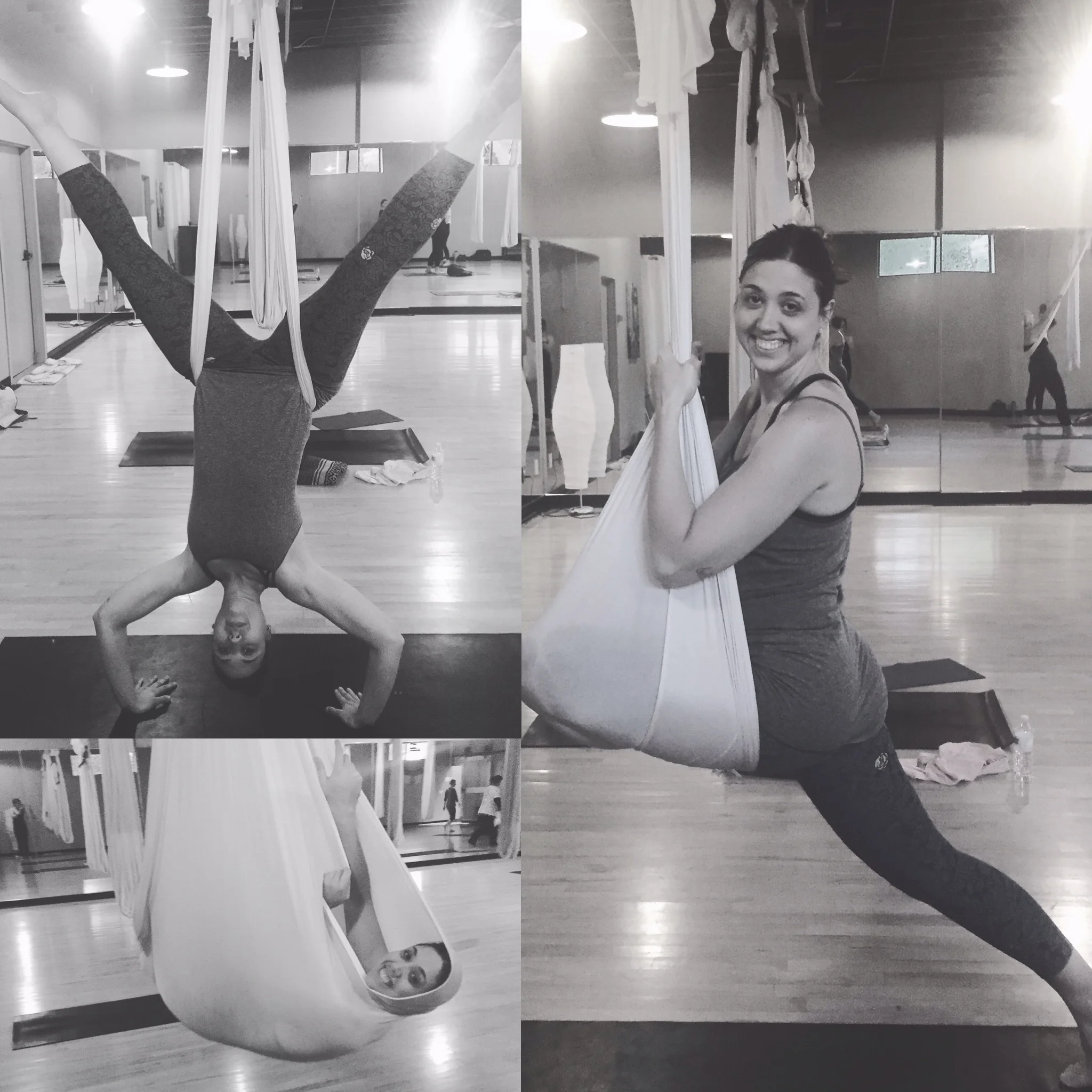 Clockwise from top left: inversion, half pigeon, and savasana.