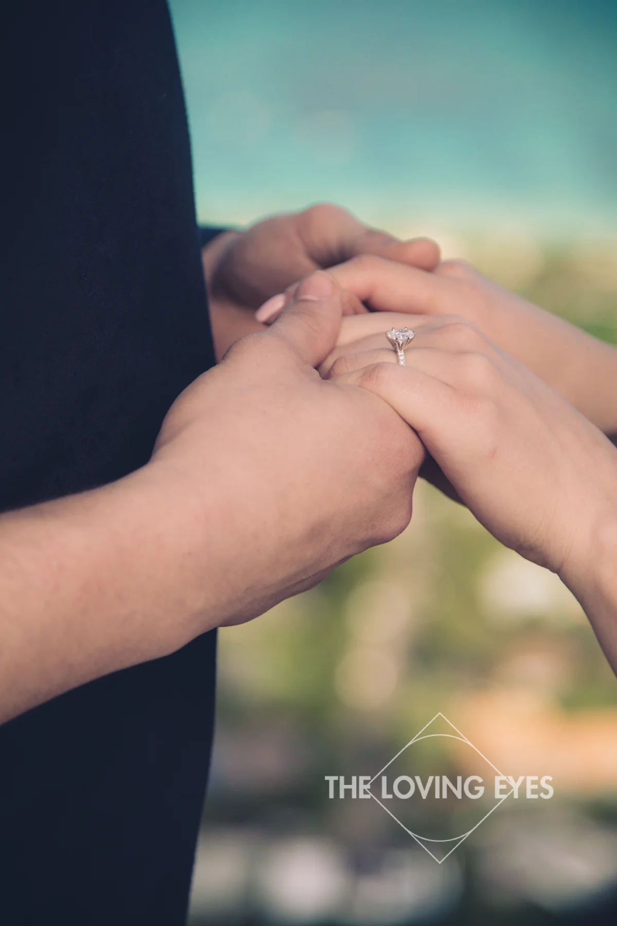 Engagement ring during proposal at the Lanikai Pillbox in Hawaii