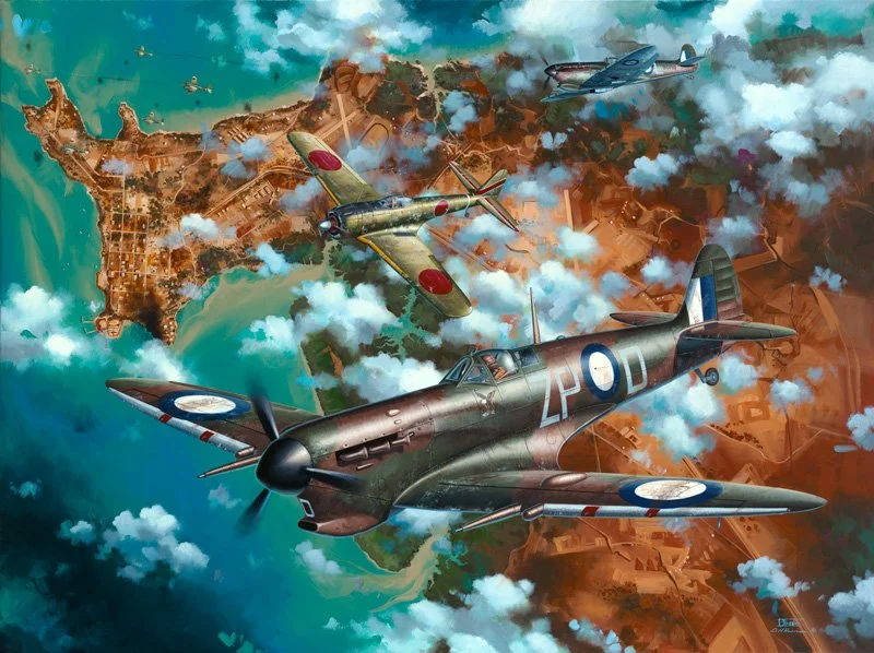 Painted depiction of Spitfires of 457 SQN RAAF in combat with Ki-43 over Darwin, 1943