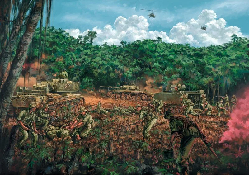 Combined Arms Contact painting by Drew Harrison depicting a Vietnam War battle.