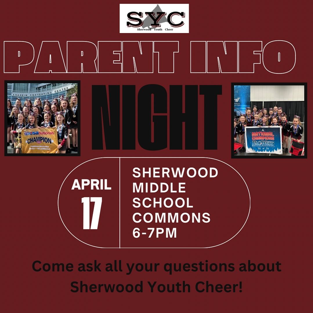 Parent Info Night is TOMORROW!! Located at Sherwood Middle School from 6-7 pm in the commons! Come get all your questions answered and meet your coaches!!