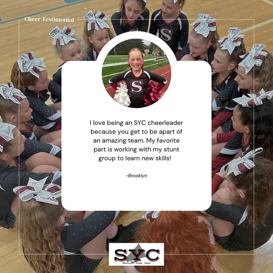 Want to be apart of Sherwood Youth Cheer?? Registration is open until May 20th!!! See why one of our amazing cheerleaders, Brooklyn, loves SYC! 

&ldquo;I love being an SYC cheerleader because you get to be apart of an amazing team. My favorite part 