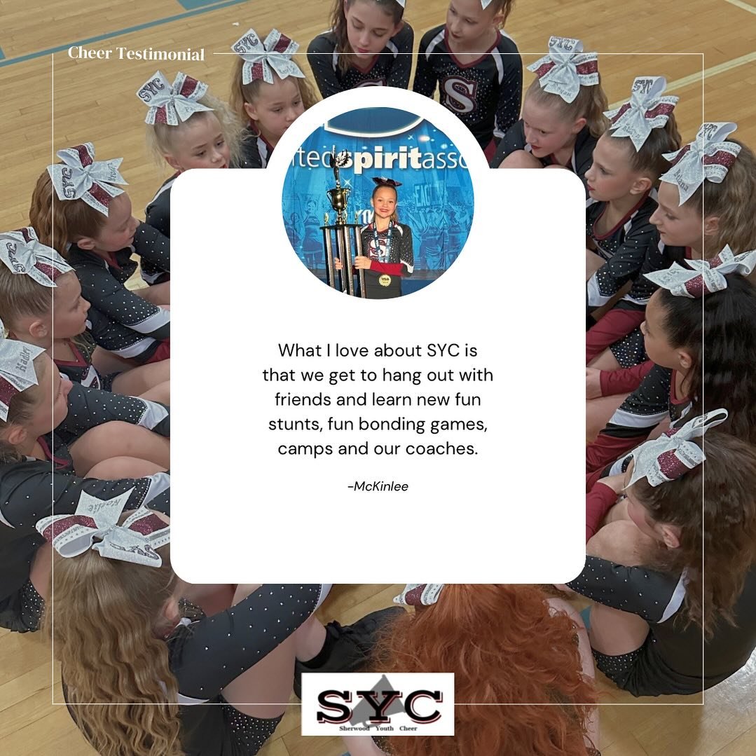 Read why McKinlee loves SYC, &ldquo;What I love about SYC is that we get to hang out with friends and learn new fun stunts, fun bonding games, camps and our coaches.&rdquo; 

Registration is open for Fall 2024 season!! Register today with the link in