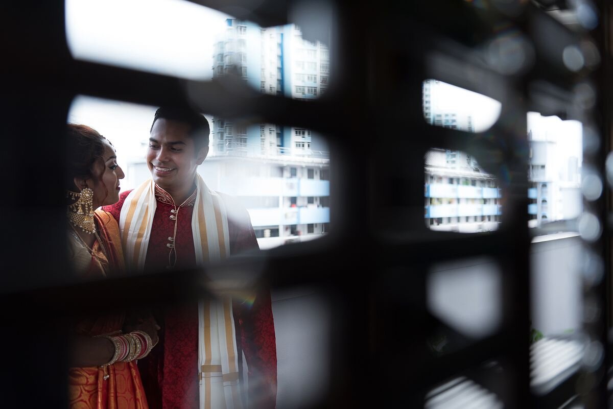 Wedding couple looking at each other