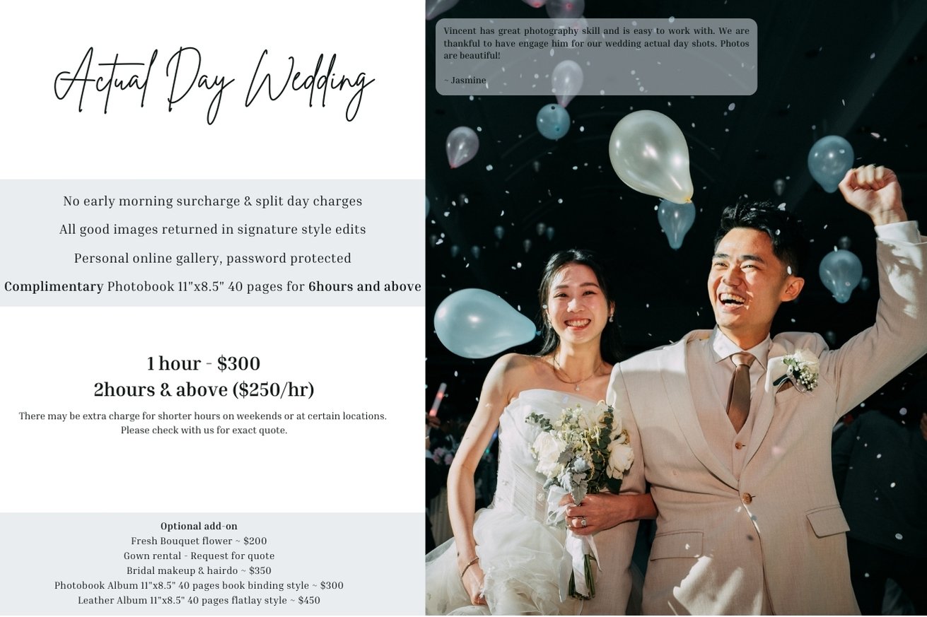 Actual Day Wedding Photography Rate Card